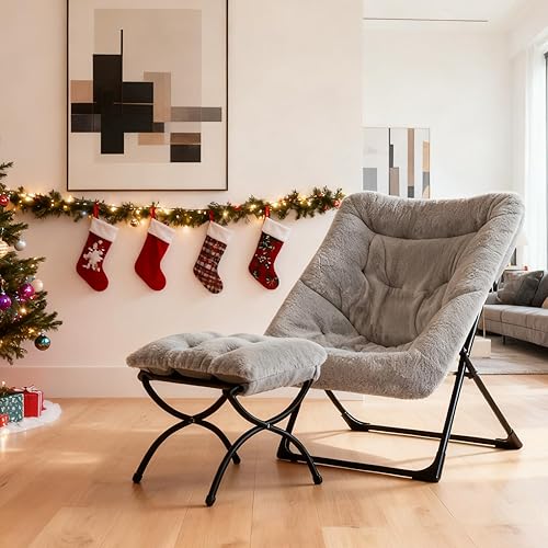 Miniatura 7 de HollyHOME Silla platillo extragrande con otomana plegable, cómoda silla plegable de gran tamaño y reposapiés plegable, silla de lectura de piel