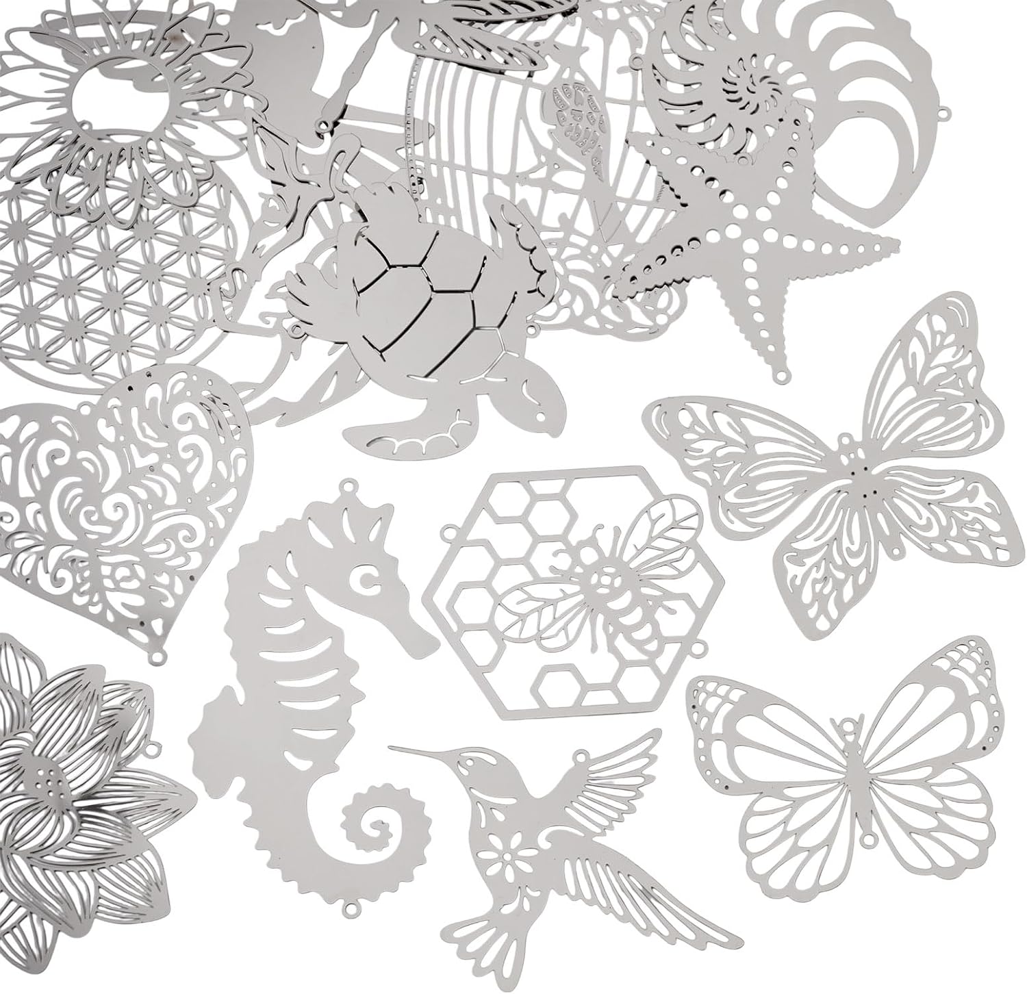 Craftdady Butterfly Bird Dragonfly Links Flower Flat Round Heart Filigree Stainless Steel Connector Charms Metal Bracelet Charm Cute Owl Moon Cat Necklace Charms for DIY Craft Jewelry Making
