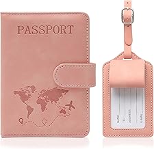 PU Leather Passport Cover and Luggage Tag with Luggage Tag for Passport, Boarding Passes, Credit Cards and Travel Documents (Pink), Pink, Minimalist