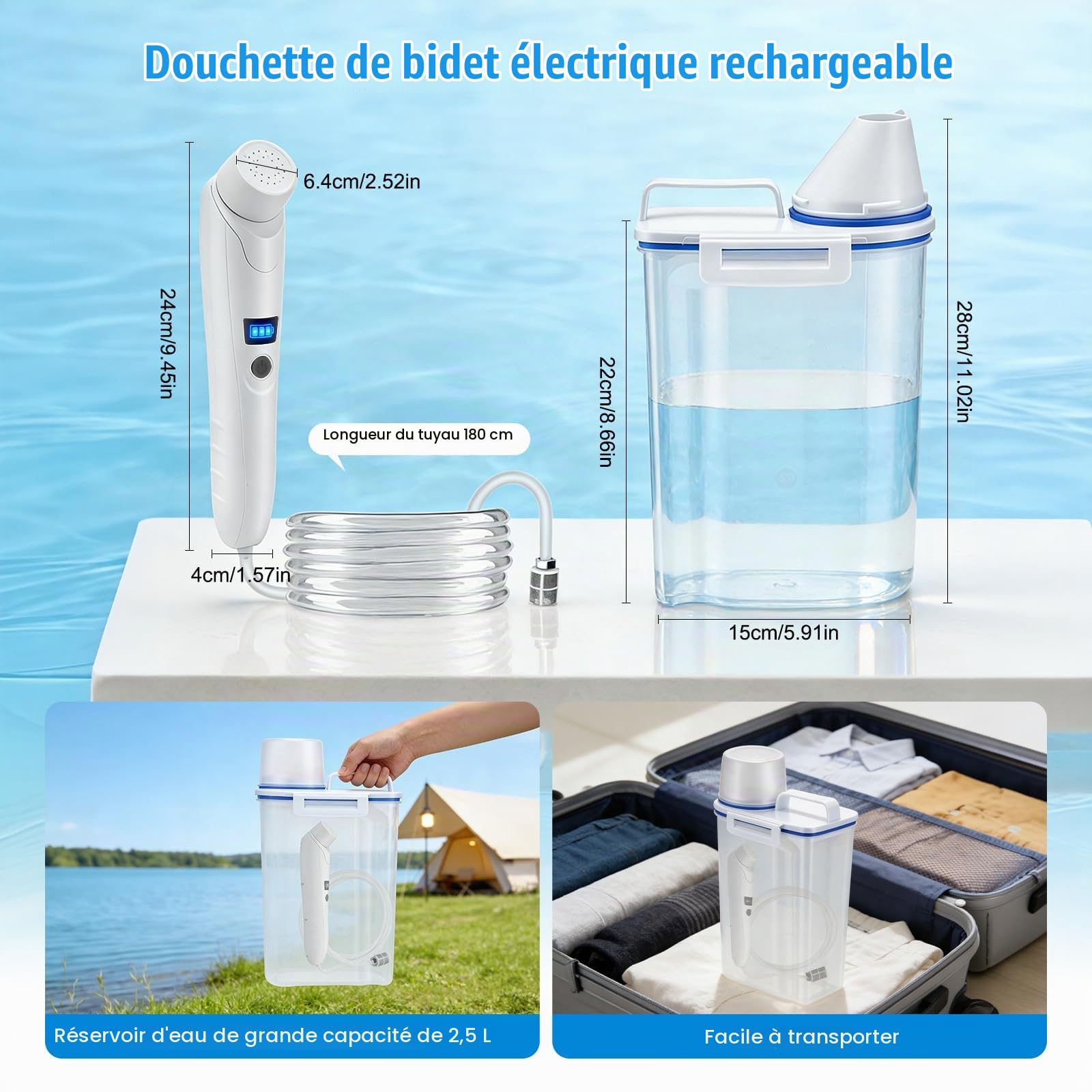 Bidet Portable 3L, Bidet Électrique de Voyage Rechargeable USB avec Batterie 2200mAh, IPX6 Étanche, Douchette à Main pour Toilettes Camping Randonnée, Hygiène Personnelle pour Femmes Hommes Seniors