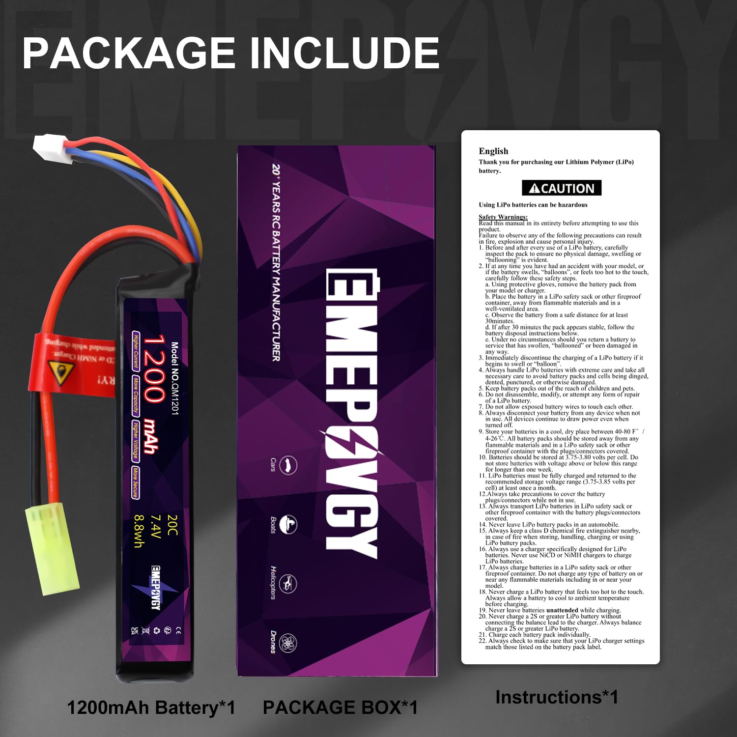 Lipo 2096 - Batteria ricaricabile ai polimeri di litio da 7,4 V, 1200 mAh, 20 C, con mini spina TMY per fucili da softair