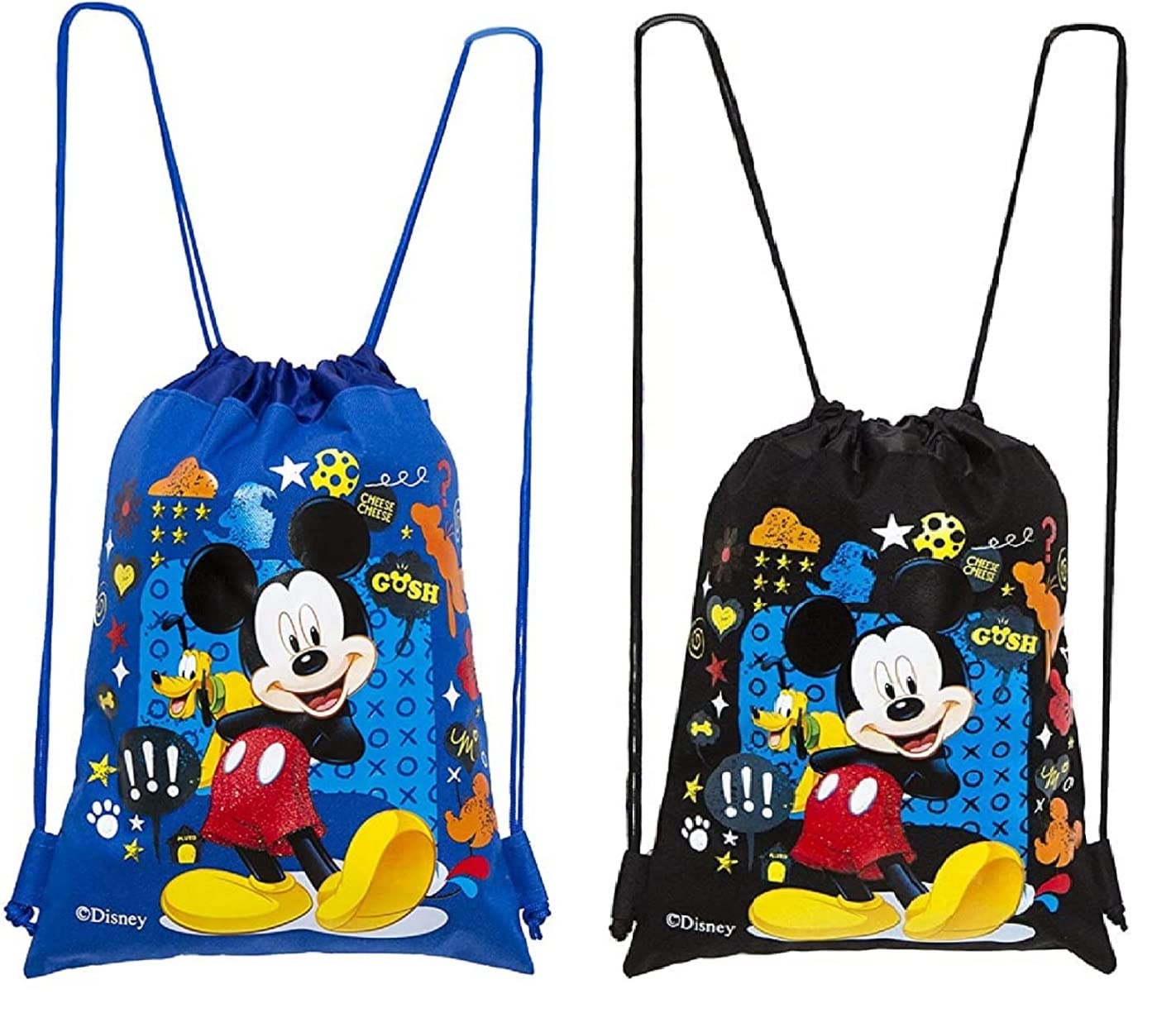 1 Blue & 1 Black Mickey GOSH Drawstring Backpack Sling Tote Sport Gym Bag