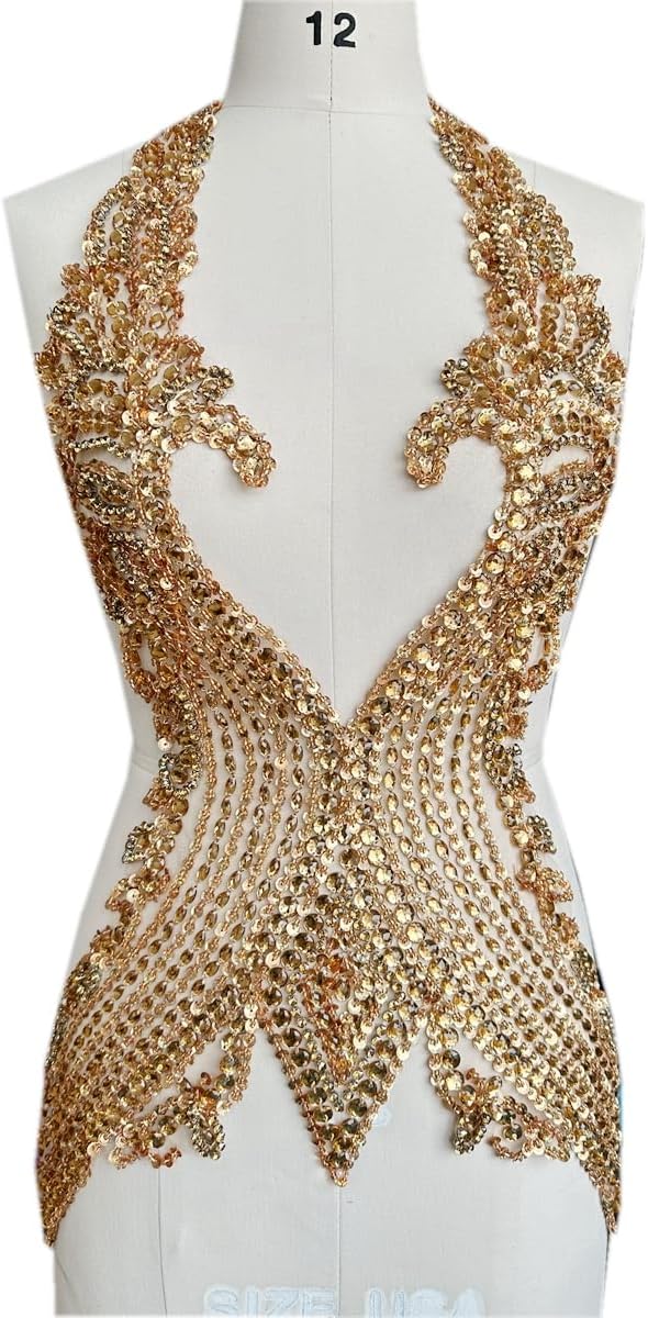 Pure Hand Sewing Beads Applique Rhinestones Trim Patches Shiny Cloth Accessories 15X26in (Champagne)