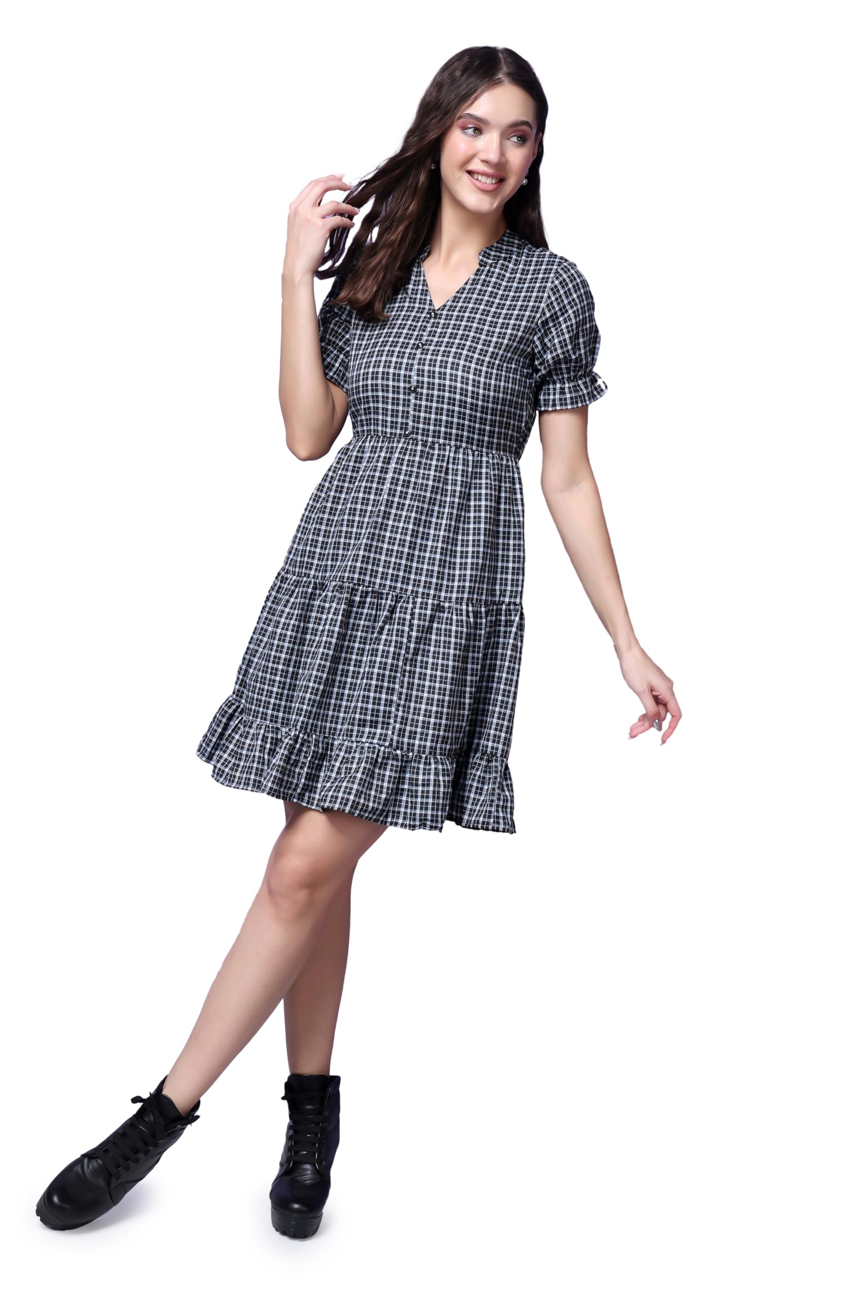 Casual Check Print Short Dress for Women | Half Puff Sleeves V-Neck Flare Dress for Women | Stylish Short Dress for Women-image-0