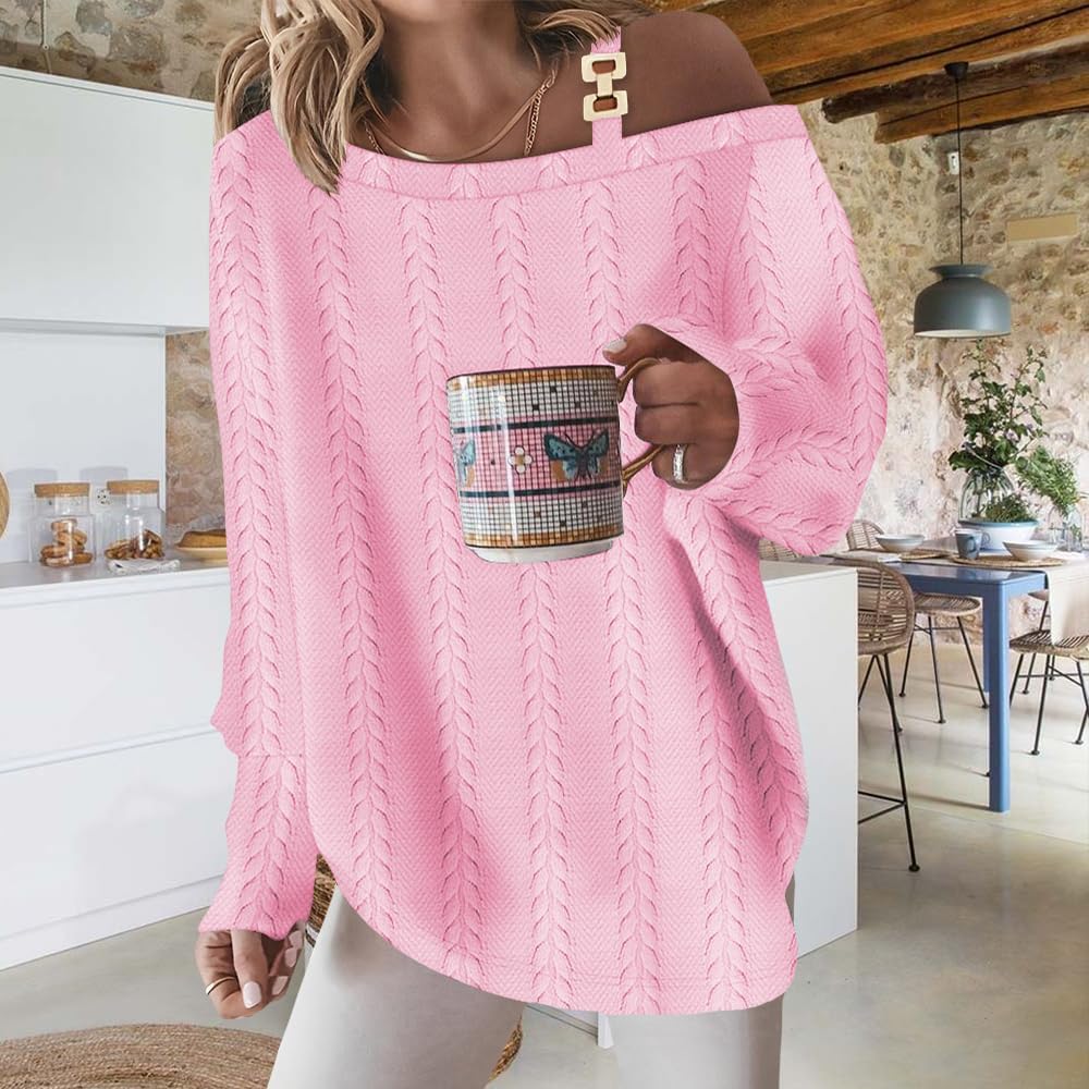 Cute Off Shoulder Sweaters for Women Long Sleeve Sweater Winter Casual Chunky Cable Knit Pullover Tops