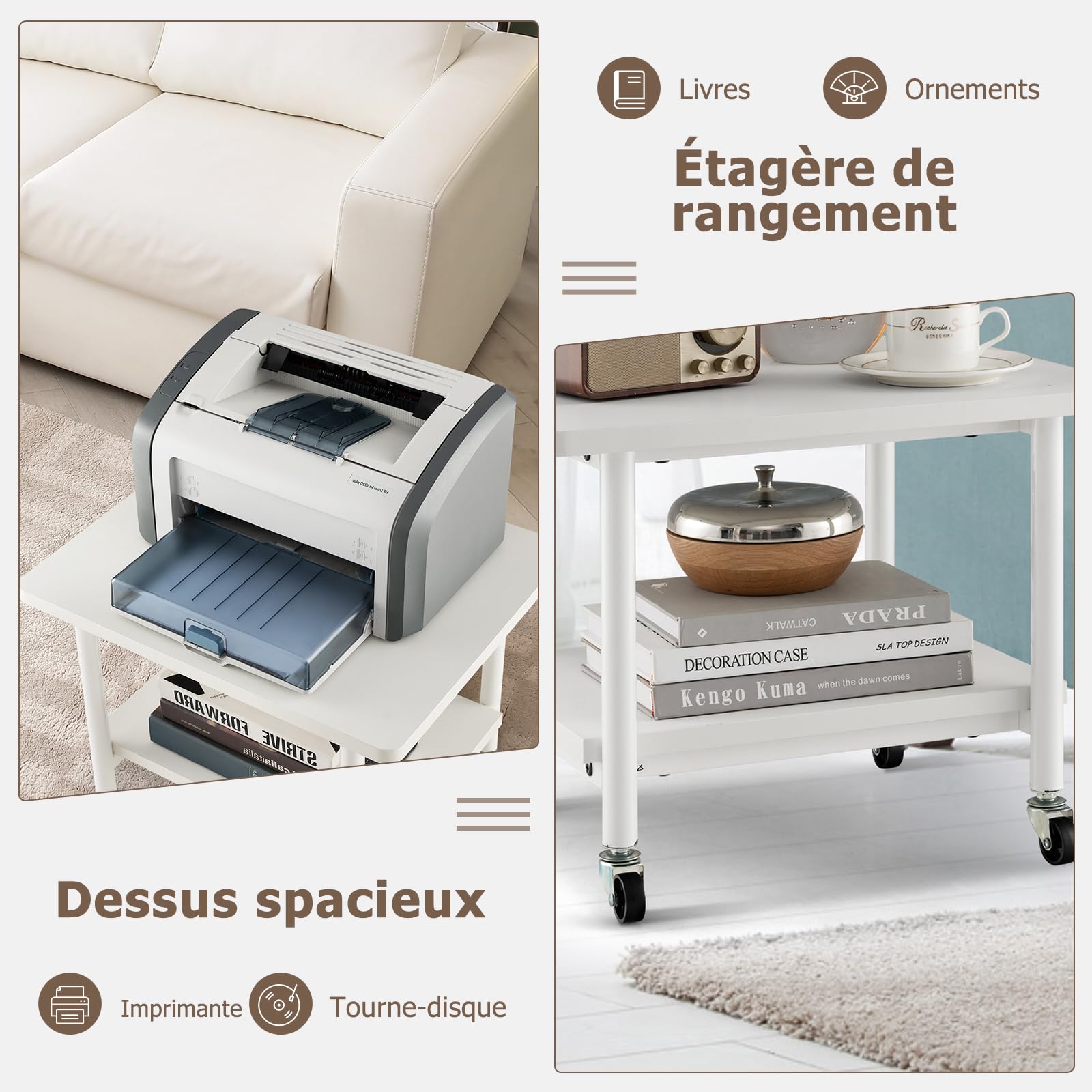 GIANTEX Support d'Imprimante,Chariot de Service à roulettes, Desserte de Cuisine avec 2 Niveaux & Style Industriel,pour Bureau, Ecole, Maison (Blanc)