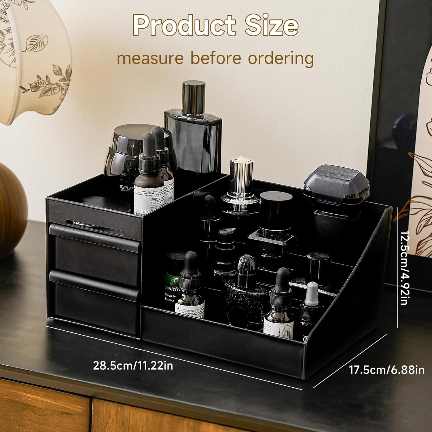 Large Black Vanity Organizer for Men, Countertop Cologne Organizer with Drawers, Perfume Stand & Mens Skincare Storage, Deodorant Display for Bathroom Bedroom Dresser, Ideal Gifts for Men