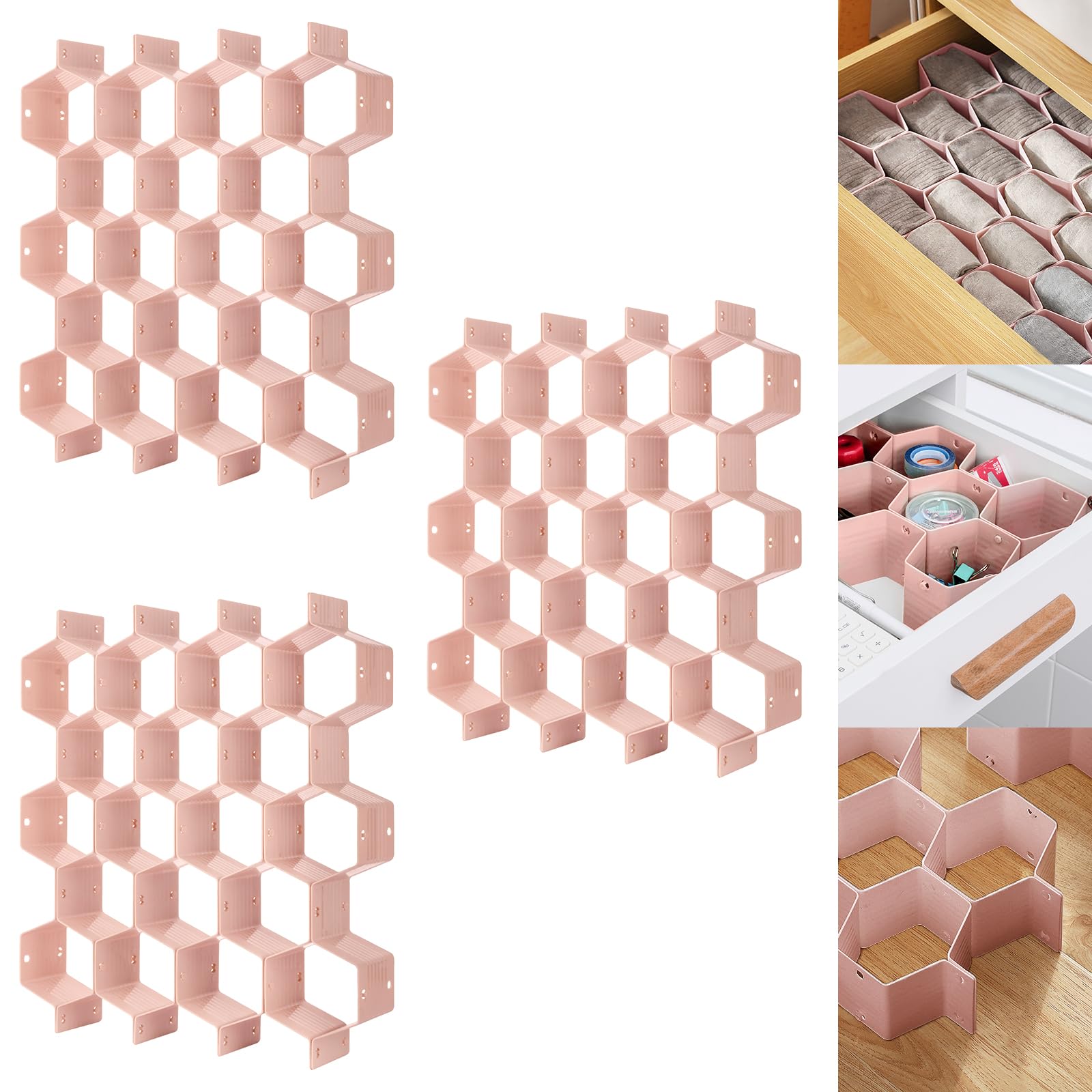 Poeland Drawer Divider Organizer 8pcs DIY Plastic Grid Honeycomb Drawer Divider Pink 24pcs