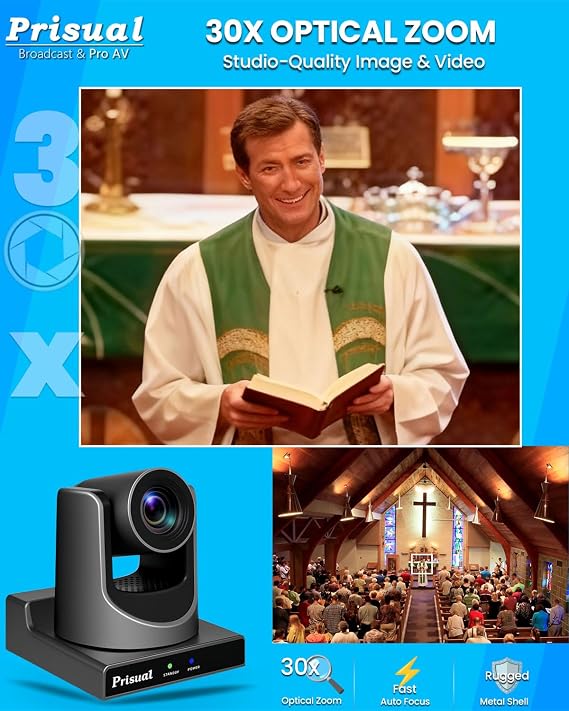 Prisual NDI PTZ Camera System Gen 5, 30X Optical Zoom, NDI 6 & NDI HX3 Certified, AI Auto Tracking, PoE HDMI Bundle with PTZ Controller for Church Worship, (NDI PTZ Bundle TEM-30N PROx2+PRO AI Joy)