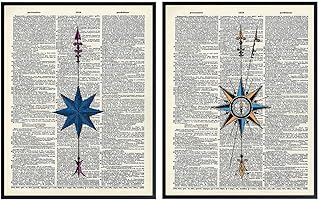 Compass Wall Decor - Vintage Nautical Wall Art Poster Set - Coastal Beach Ocean Home Decor for Lake House, Office, Den, Bedroom - Gift for Men, Sailors and Boat Owners - 8x10 Compass Photo Prints