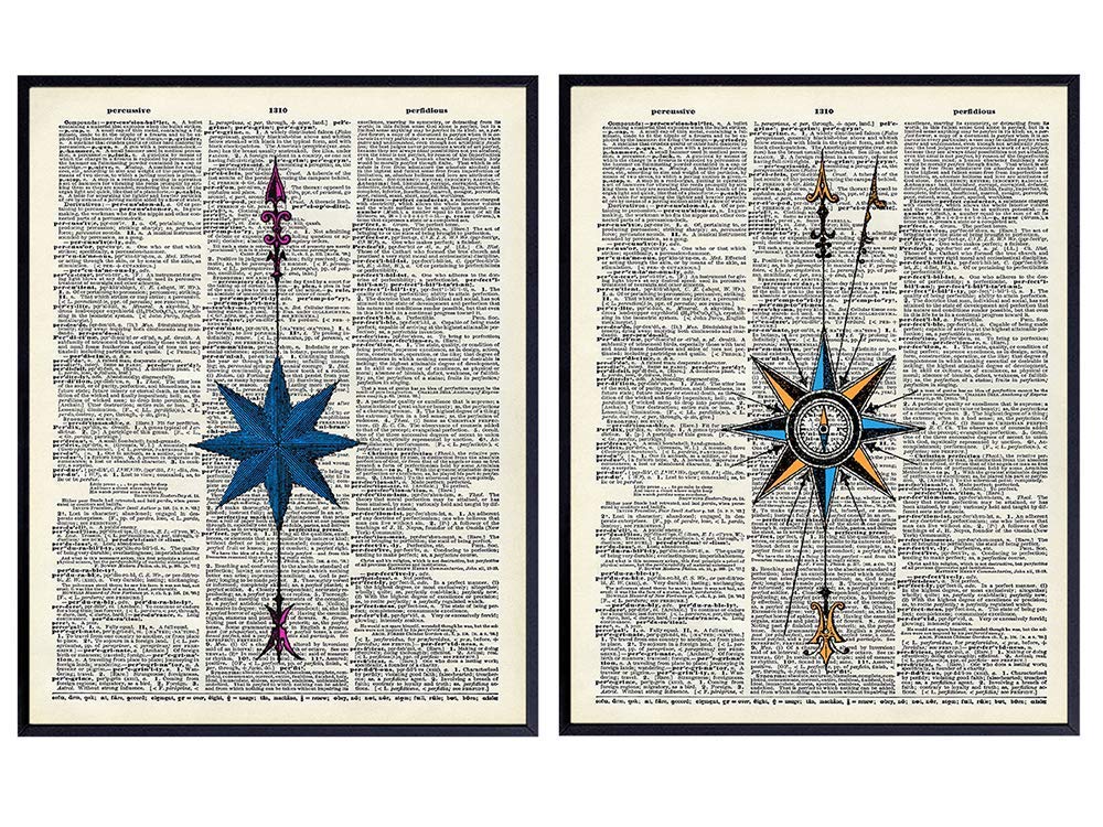 Compass Wall Decor – Vintage Nautical Wall Art Poster Set – Coastal Beach Ocean Home Decor for Lake House, Office, Den, Bedroom – Gift for Men, Sailors and Boat Owners – 8×10 Compass Photo Prints