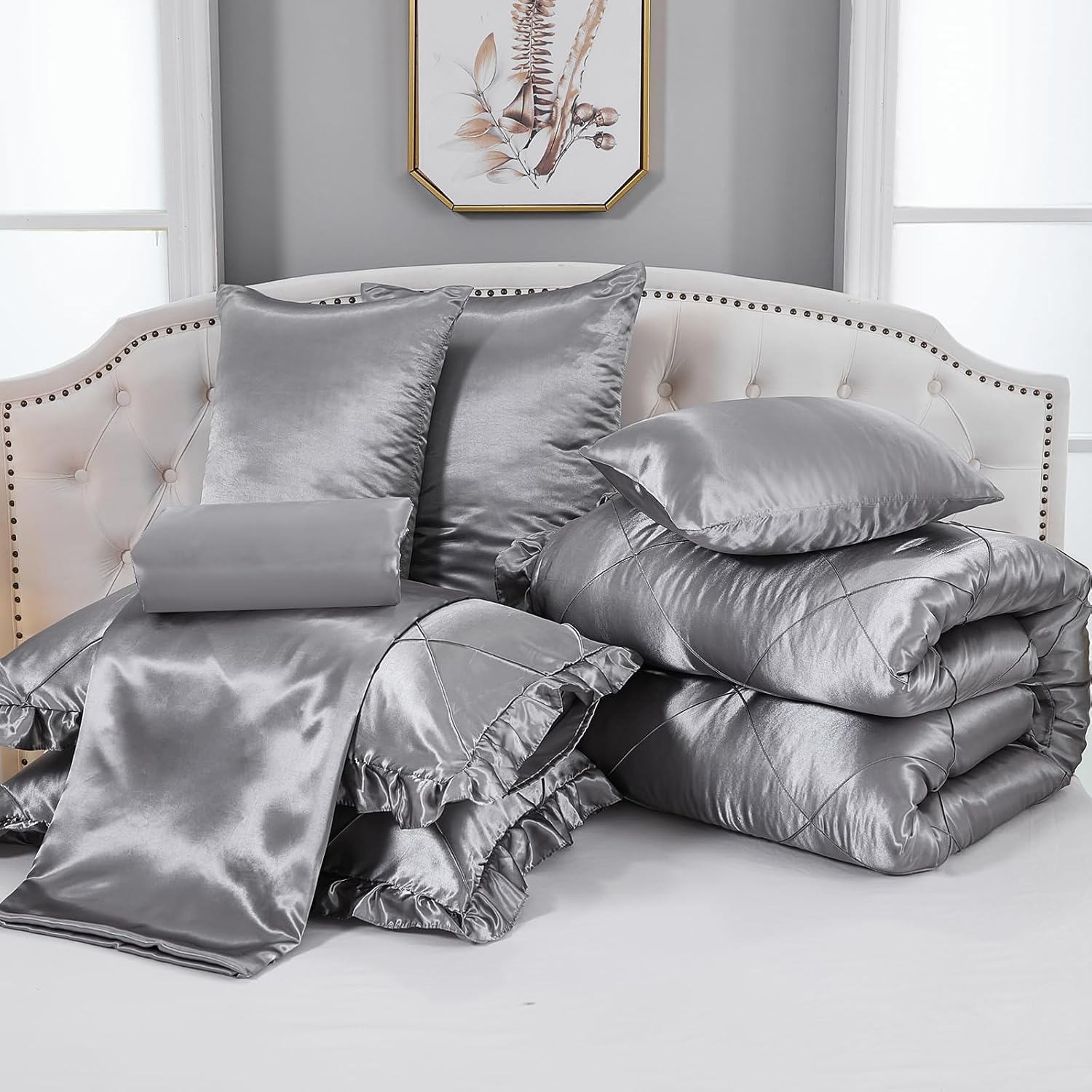 Grey Comforter Set Queen Sheet Set Silk Like Satin Bedding Set Silky Bed in a Bag 8 Pcs Pinch Pleat Bed Set Home Decor Luxury Hotel Silky Ruffle Down Comforter with 1 Cushion Cover