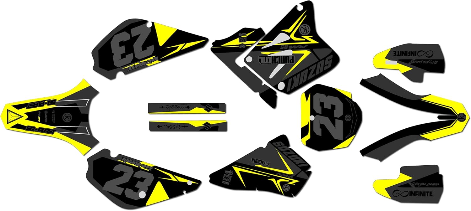 Graphics Kit for Suzuki RM80 and RM85 UFO Restyle (2001+) Evader Series Yellow-Shift 16 Mil - On/Off The Road - Dirt Pit Bike Sticker, Dirtbike Decal no-Plastics