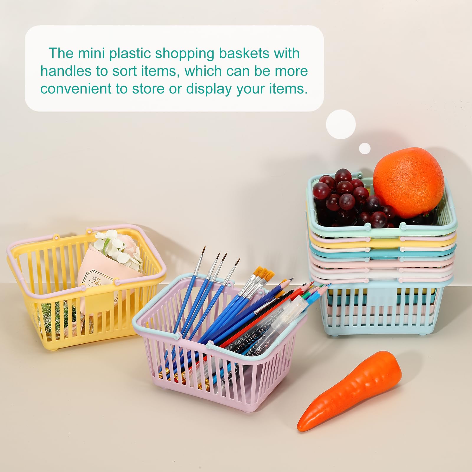 PATIKIL 8 cestini piccoli in plastica, mini cestini per la spesa, con manico, organizer per acqua filtrata per organizzare giocattoli, frutta, verdura, snack, blu, rosa