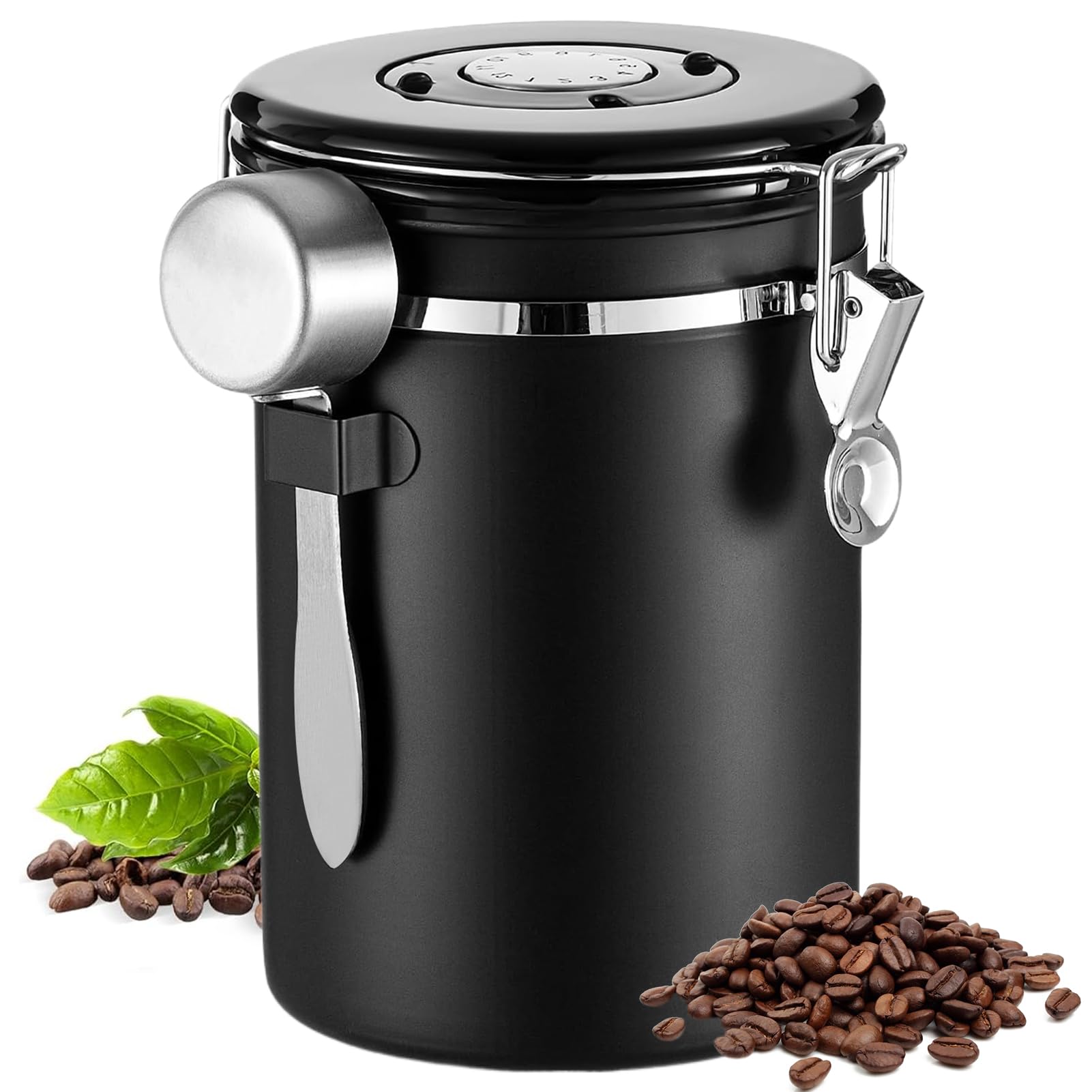 Airtight Coffee Canister, 1.8L Coffee Grind Storage, Stainless Steel Coffeees Container with Date Tracker and Measure Scoop, Kitchen Food Storage Container for Coffee, Tea, Sugar, Nuts(COLOR:Black)