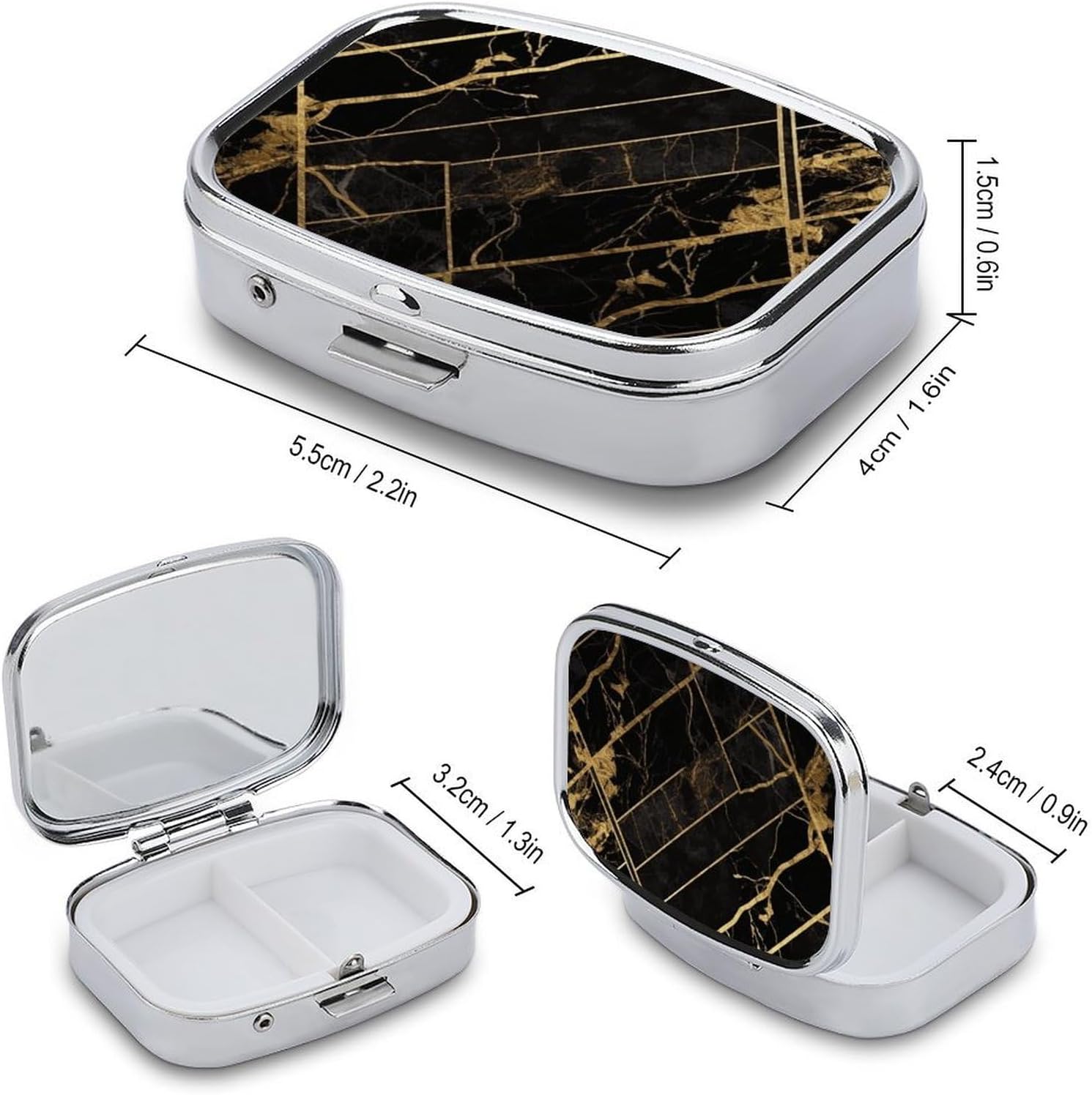 Black Gold Marble Square Pill Case, Metal Pill Organizer image 2