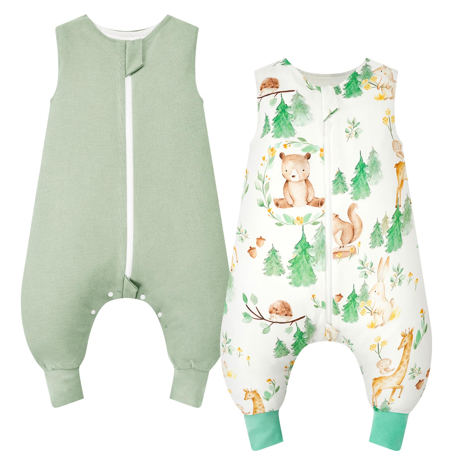 WYTbaby Sacco Nanna Con Piedini 1.0 Tog,100% Cotone Sacco Nanna Primaverile Per Ragazze e Ragazzi, Animali Della Foresta + Verde(2 Pezzi)