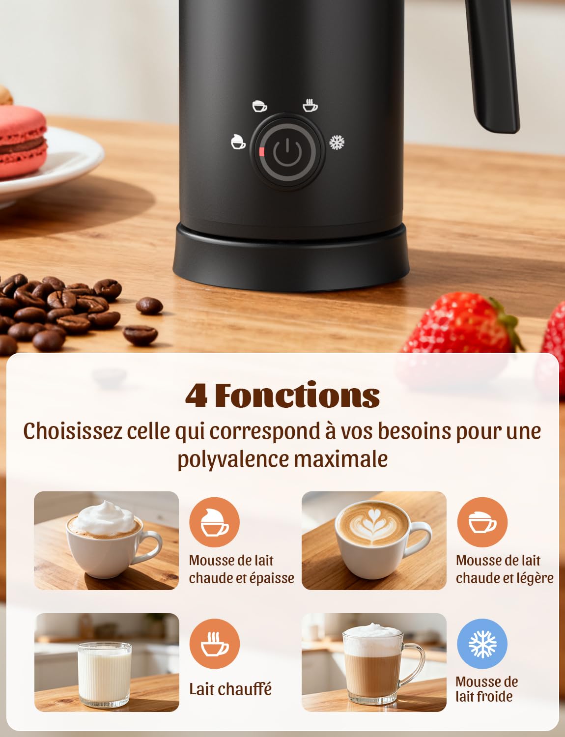 YISSVIC Mousseur à lait électrique Électrique Automatique 4 en 1 Électrique Automatique 500 W avec commande en un clic pour intérieur en acier inoxydable et revêtement antiadhésif