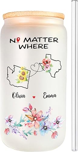 Gossby Regalo de larga distancia para mejores amigas, vaso de vidrio personalizado de 16 onzas para mujeres con popote, tapa, amistad personalizada,