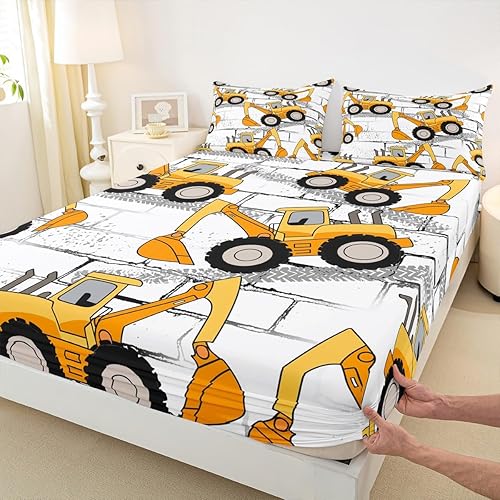 Miniatura 4 de Sábanas de cama de vehículos de construcción, tamaño individual, juegos de ropa de cama de excavadora para niños, sábana bajera ajustable de camión