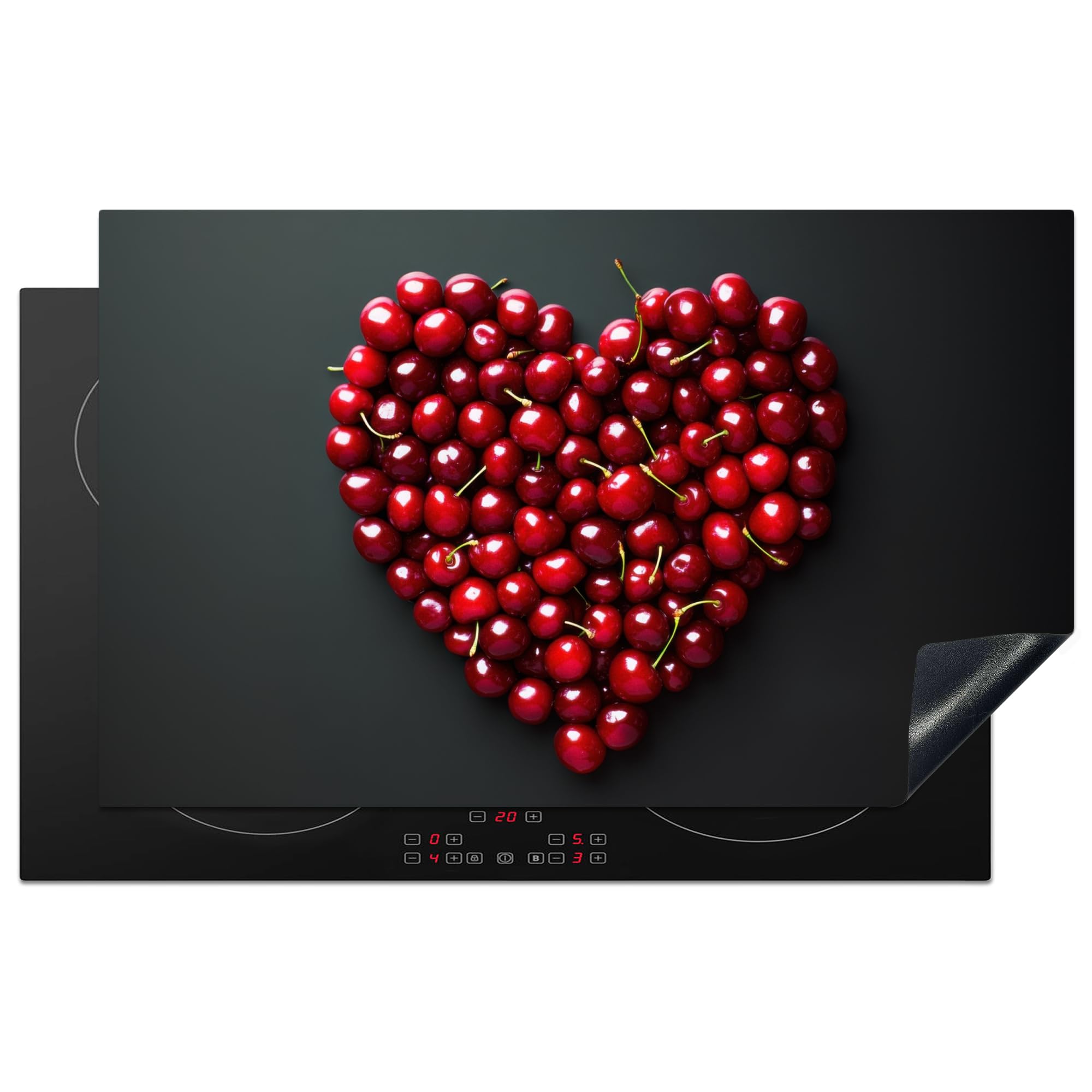 KitchenYeah© Induction Hob Protector Mat 20.3"x32.7" / 83x51.5 cm Stove Cap Top Cover Kitchen Cooker Covers for Electric Hobs Vinyl Cherries - Heart - Red - Black