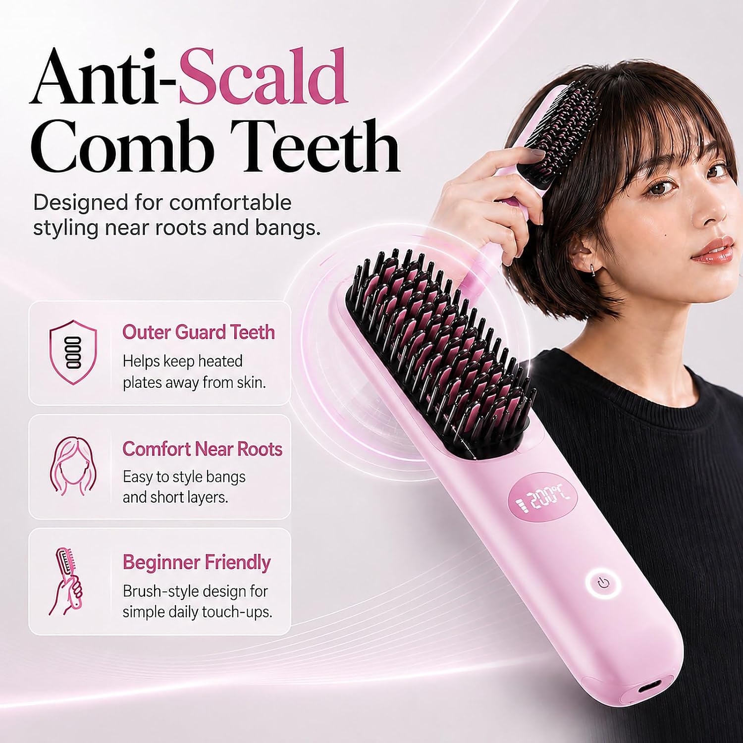 Go Brush Pro Portable Cordless Hair Straightener Brush for Travel, Fast Heating Straightening Comb with LCD Display & °F/°C Switch, Rechargeable Anti-Frizz Styling Tool for Smooth Shiny Hair (Pink)