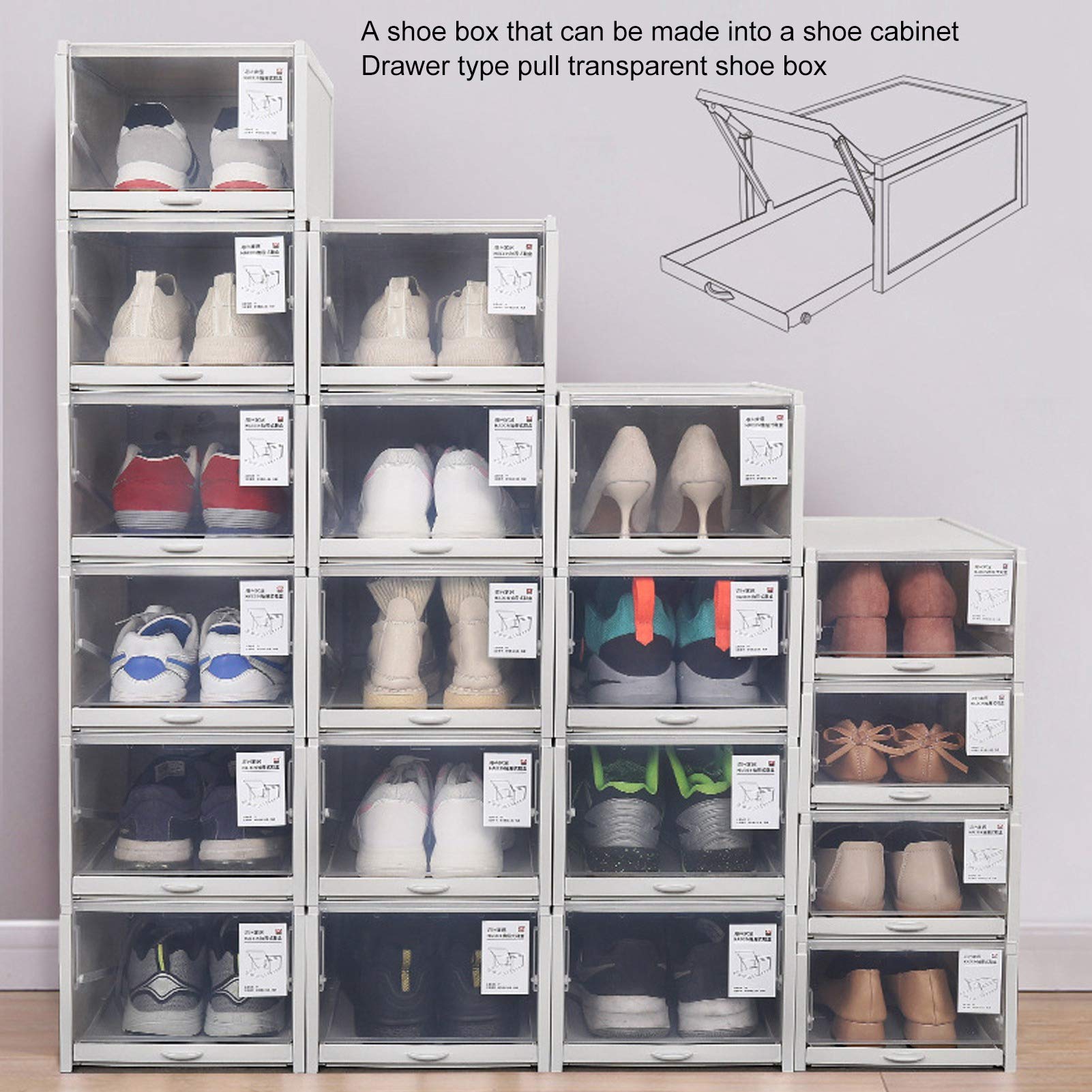 Tissting Scatola Portascarpe Impilabile, Contenitore Organizer per Cassetti per Scarpe in PP Custodia in Plastica Trasparente con Apertura Frontale Durevole per Armadietti Domestici(L*2)