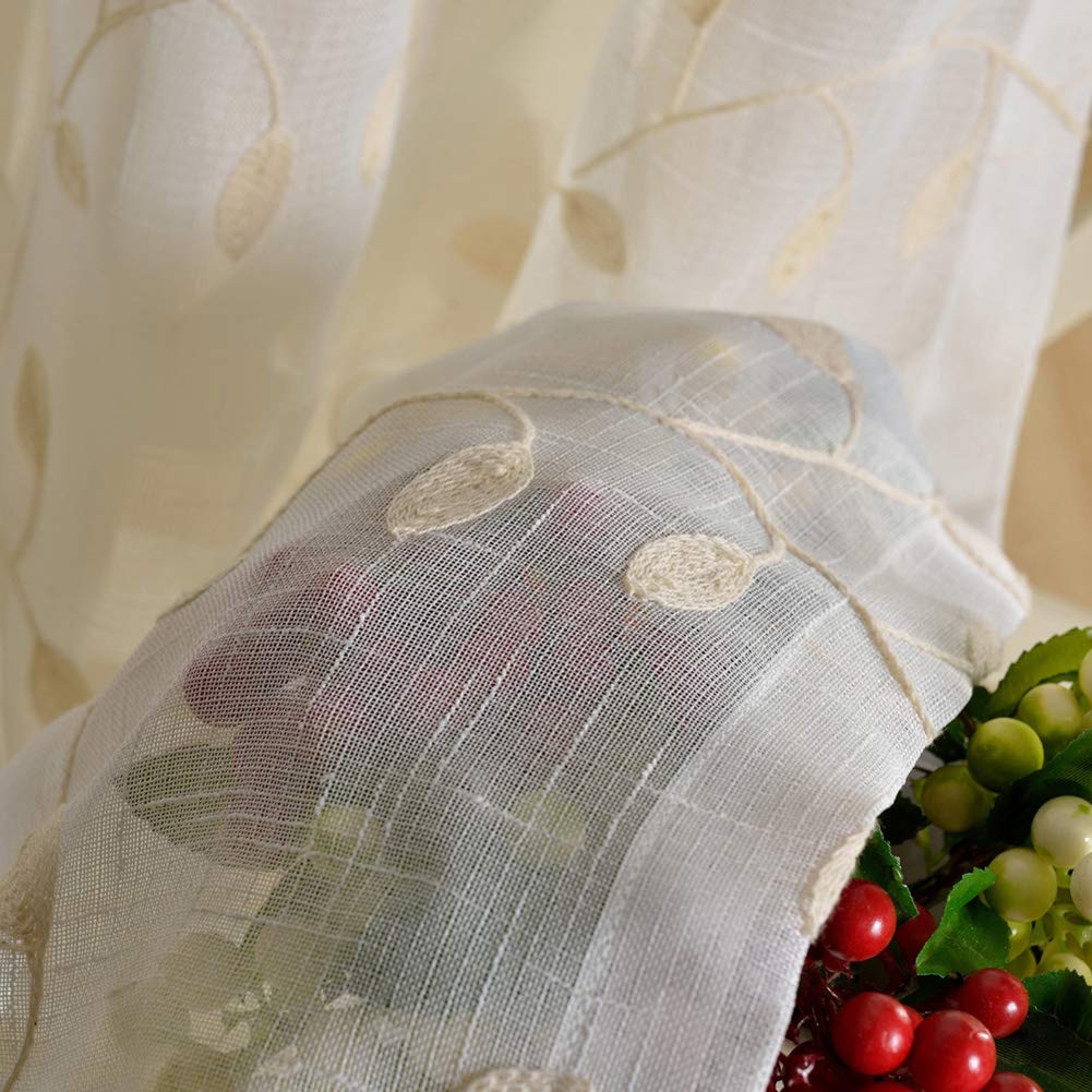 2er Set Stickerei Blätter Leinenoptik Vorhang Dekosachl Transparent Gardinen, mit Ösen Vorhang Voile Fenster für Wohnzimmer Kinderzimmer Schlafzimmer,Weiß,W200xL250cm