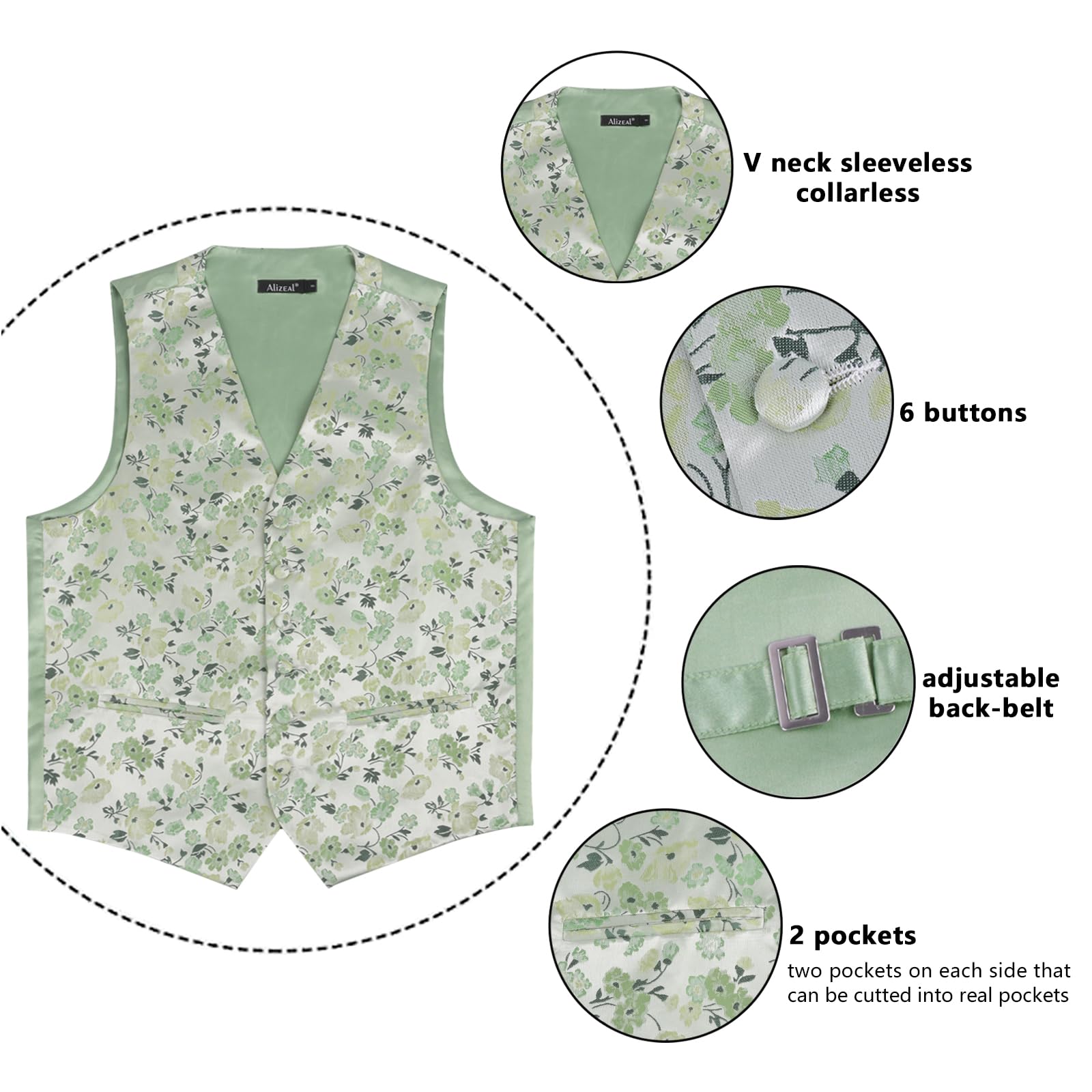 Alizeal Herren-Anzugweste, 6 Stück, Blumenmuster, Krawatte, Einstecktuch, Manschettenknöpfe, Anstecknadel, formell, lässig, Hochzeit, Party, Westen-Set