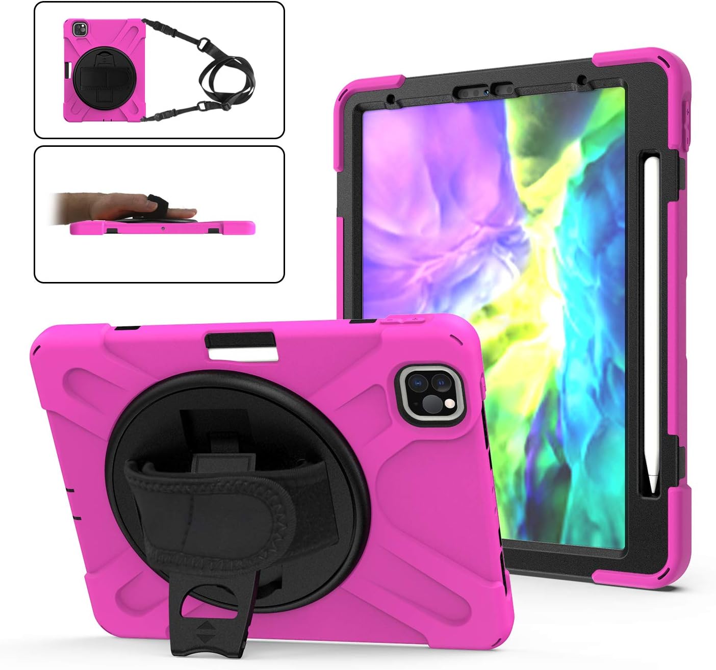 PODITAGI iPad Pro 11 Case 2020 2nd Generation，Heavy Shockproof Protective Case 360 Degree Rotating Stand with Pencil Holder/Handle/Shoulder Strap (iPad Pro11（2020）, Rose red)