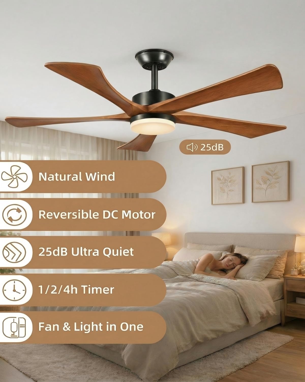 Yahada 52 Inch Ceiling Fans with Lights and Remote Control, USA Original Patent Outdoor Ceiling Fan, Etl Listed, High CFM Quiet Reversible Noiseless Dc Motor, 5 Blades, 6 Speeds, Walnut Wood