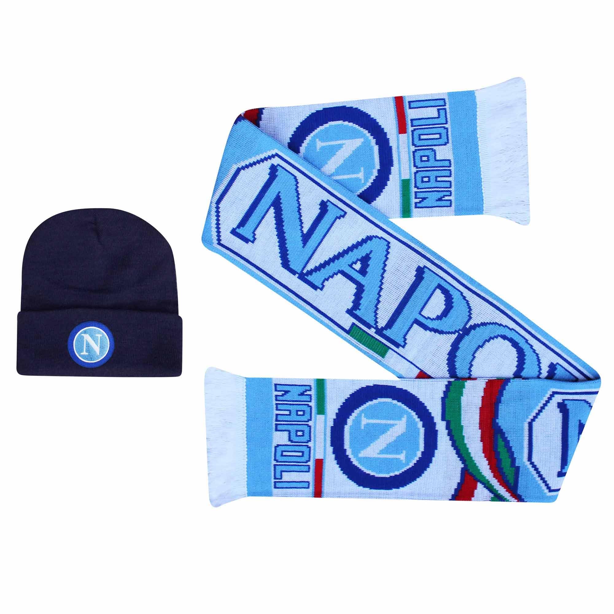 Gifts 4 All Unisex Mulitcolor Napoli Football Fans Winter Warmers Hat & Scarf Set, Napoli Fans Souvenir Calcio Scarf, Napoli Winter Woolly Hat With Football Crest
