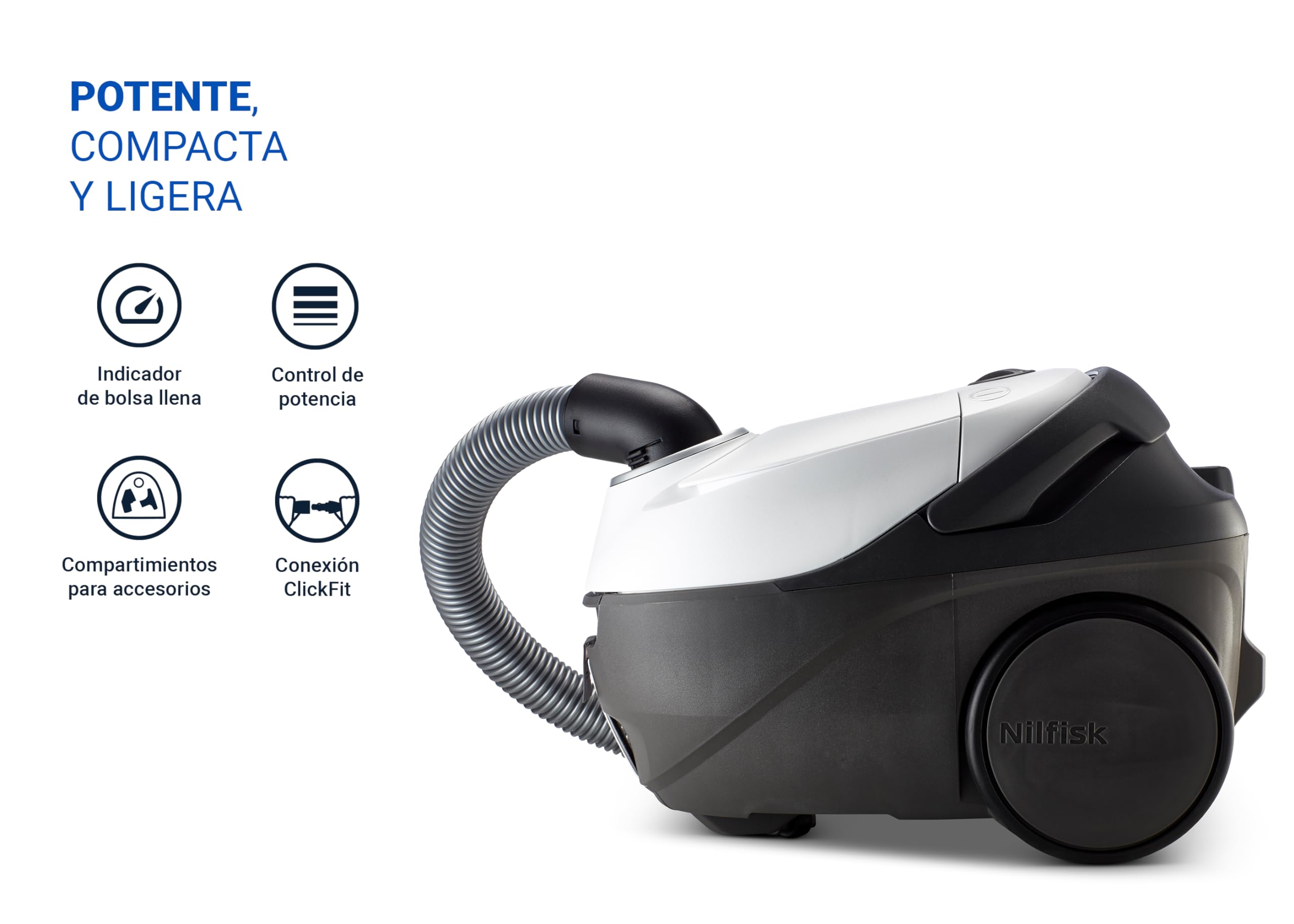 Nilfisk Aspiradora One para Suelos y Alfombras con Filtro EPA - Aspirador de Trineo Potente, Compacto y Ligero - Blanca (WB10P05A-HB15)
