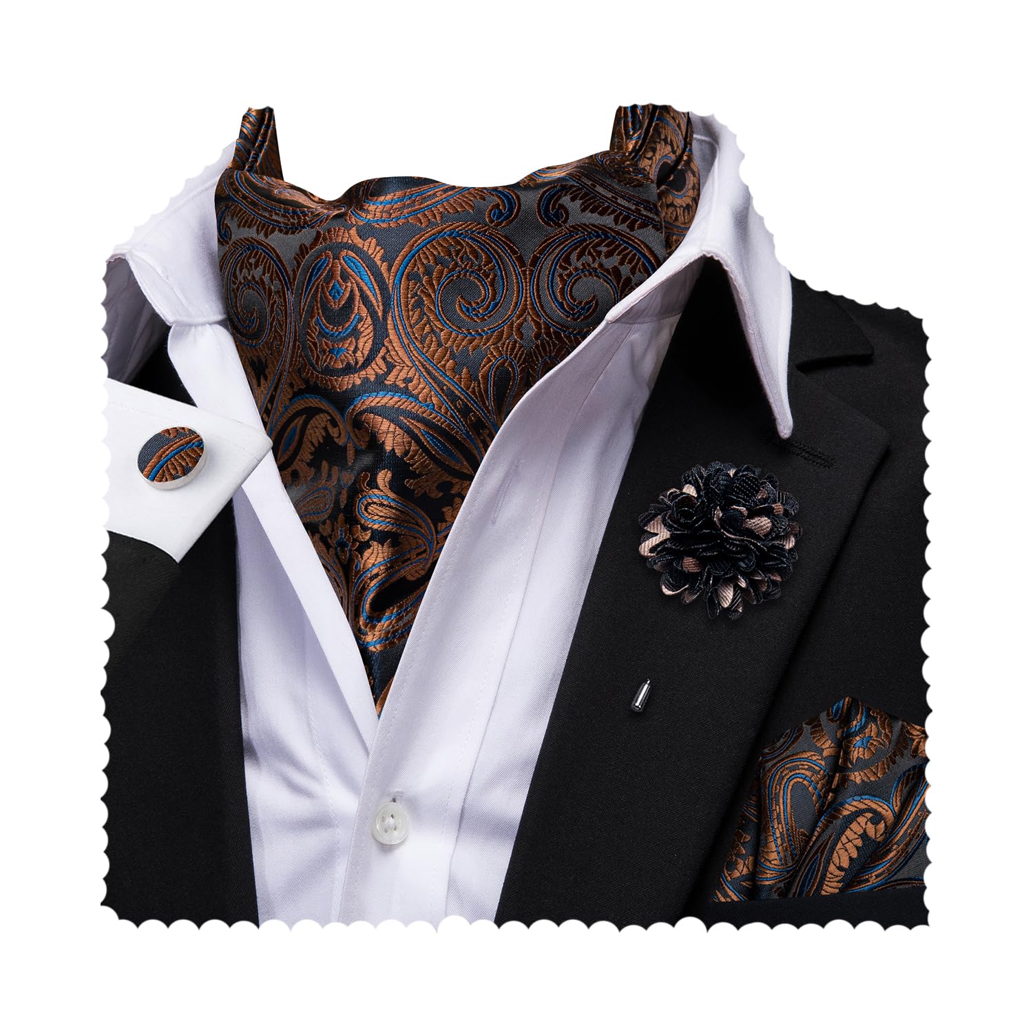 Hi-Tie Silk Ascot for Men Self Tie Men's Cravat and Flower Lapel Pin Handkerchief Cufflinks Set for Wedding Party