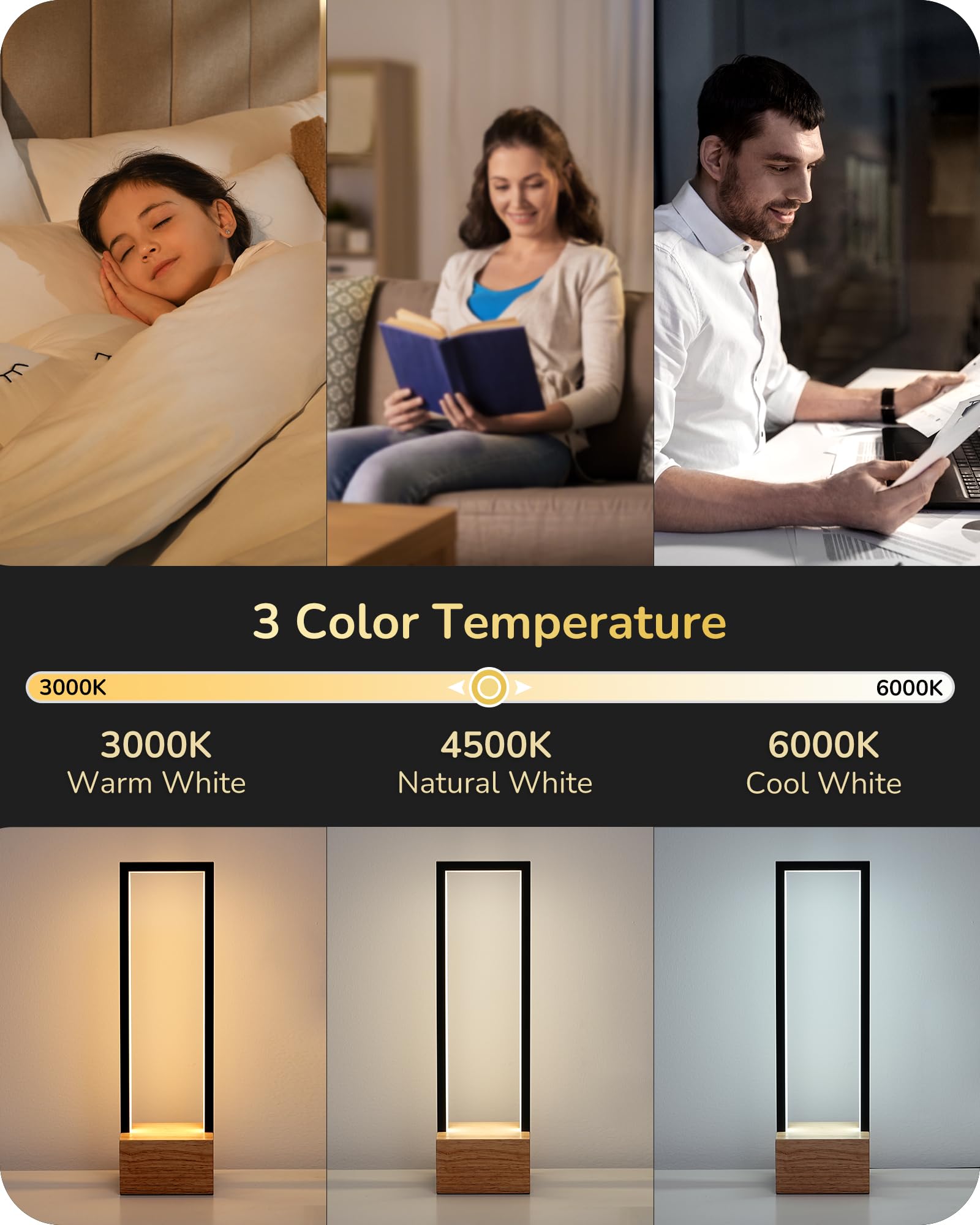 EDISHINE Dimmable LED Table Lamp, Square Modern Bedside Lamp with 3 Colors Temperature, MAX 350LM Dimmable, Touch Control Nightstand Lamp for Bedroom, Black Aluminum Frame & Complete Wooden Base