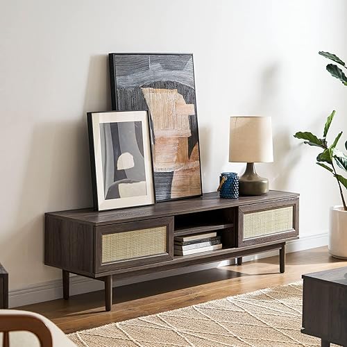 Mopio - Soporte de TV Haylee de 59 pulgadas para TV de 5560 pulgadas, moderno, bohemio, rural cpuertas corredizas de ratán, estantes ajustables para