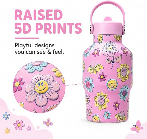 Mayim Mini Flow Trail Kids Water Bottle 15 oz, Flip-Up Straw, Carry Handle, Vacuum Insulated Stainless Steel, Leak Proof, 12 Hours Cold, BPA Free (Light Pink/Smiley)