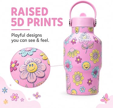 Mayim Mini Flow Trail Kids Water Bottle 15 oz, Flip-Up Straw, Carry Handle, Vacuum Insulated Stainless Steel, Leak Proof, 12 Hours Cold, BPA Free (Light Pink/Smiley)