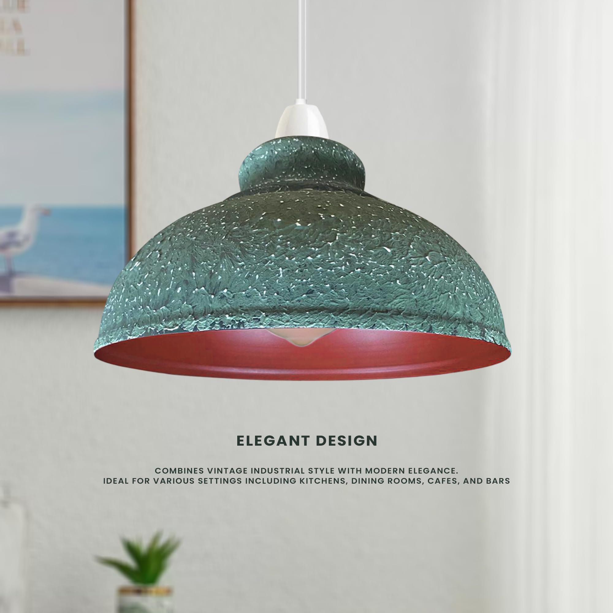 LEDSone Metal Easy Fit Lampshade Retro Industrial Ceiling Lighting Shade Hanging Pendant 29cm Curvy Shade Light Fixture for Kitchen Dining Room Lights E27 (Green Camouflage) - Image 4