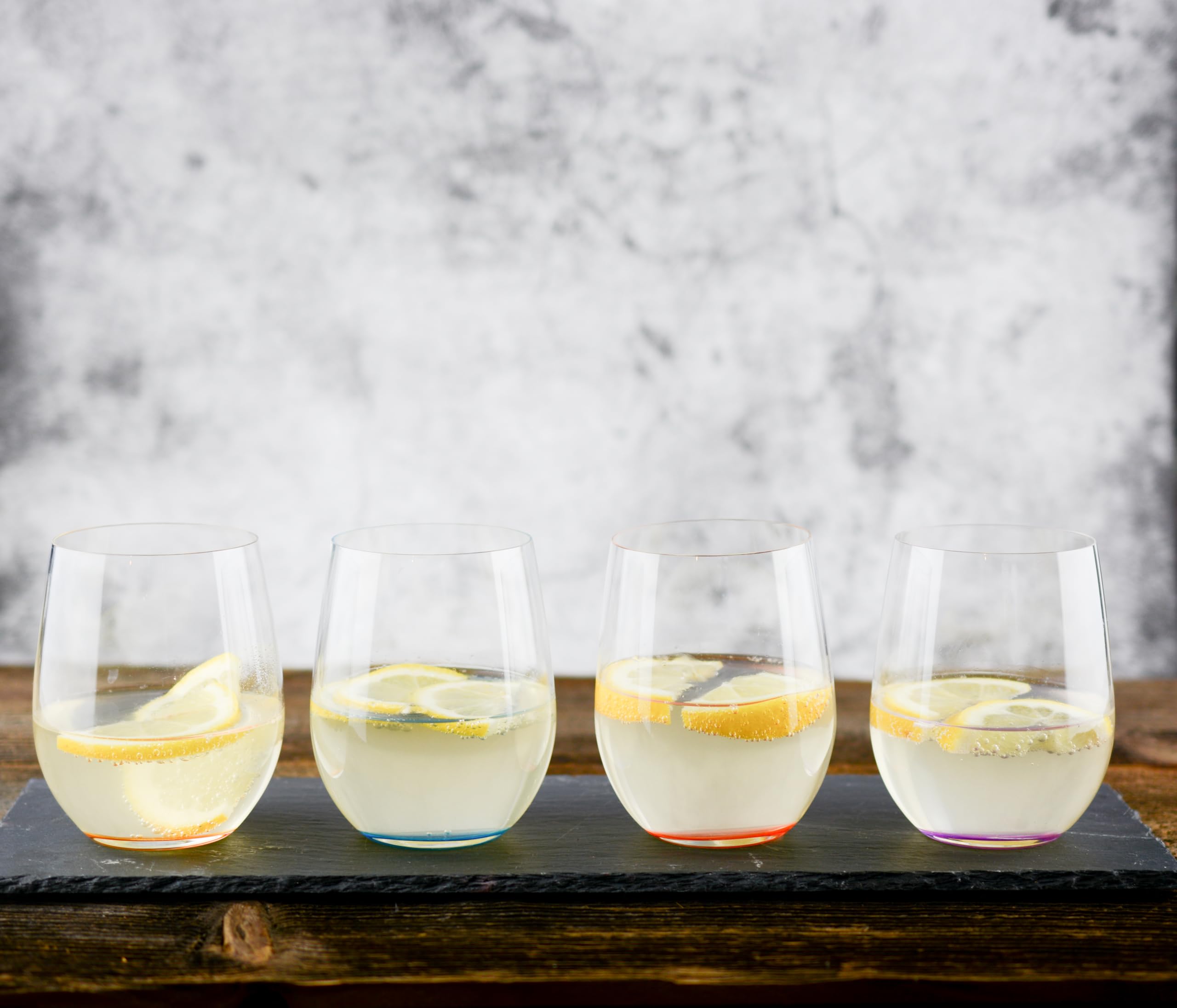 RIEDEL The O Wine Tumbler Happy O Vol. 2 - Azurblau, Violett, Zinnoberrot, Orange - 4er Set, Trinkglas, Kristallglas, Spülmaschinenfest - 5414/88