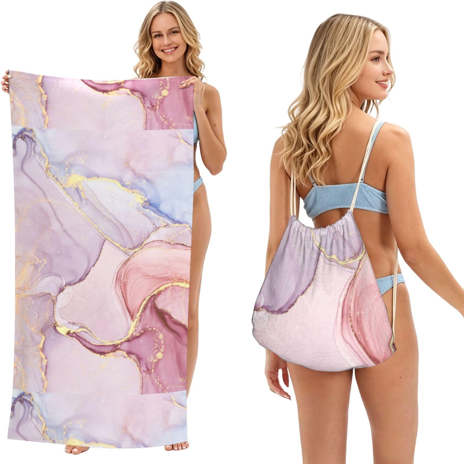 Poadnly As Picture Pink Marble, 2 In 1 Packable Towel Bag, Beach Towels With Drawstring Backpack For Travel Holiday Camping