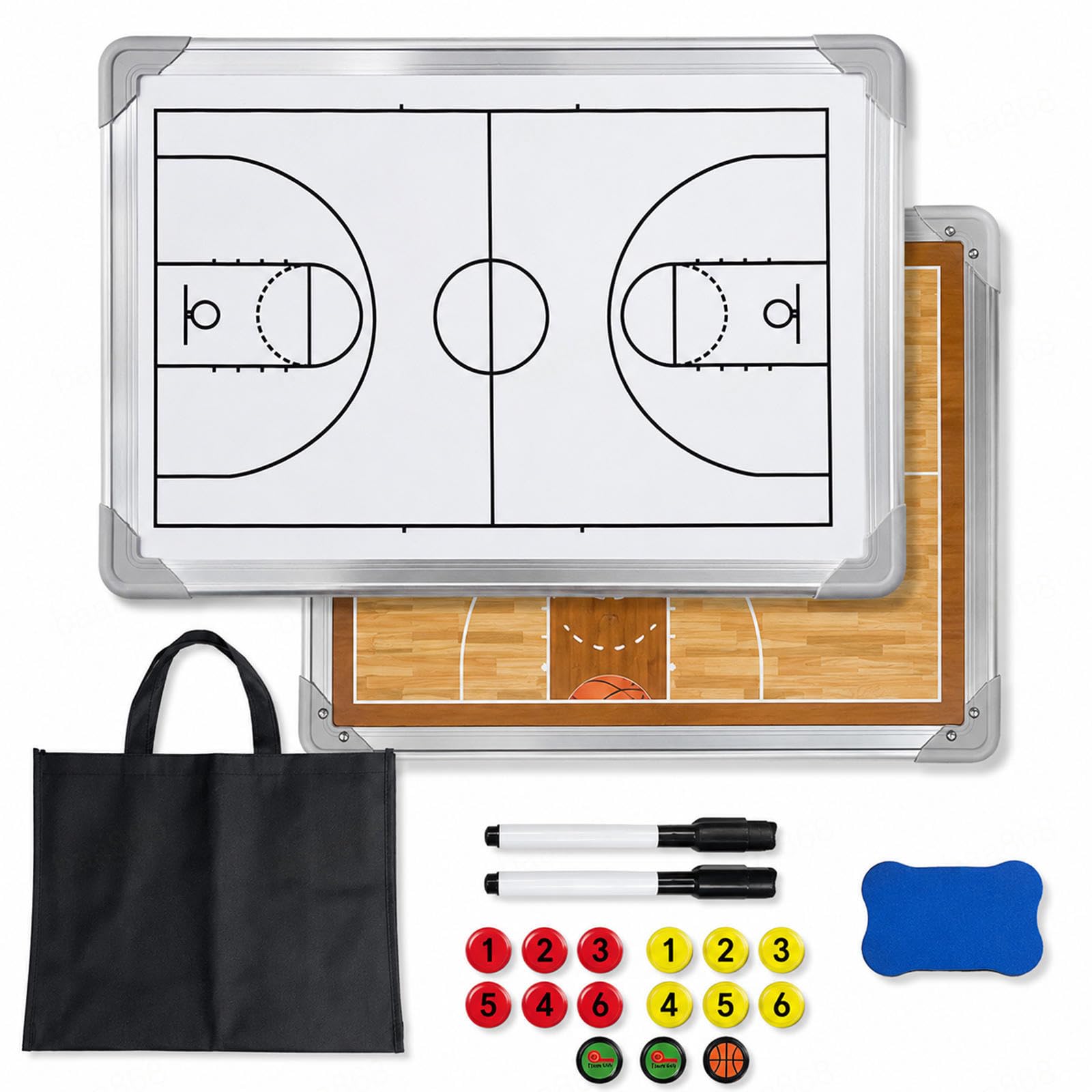 Lavagna Tattica Basket, Mezza Campo e Campo Intero Magnetica | Pianifica azioni a metà campo o a campo intero con pedine magnetiche, superficie cancellabile e borsa.