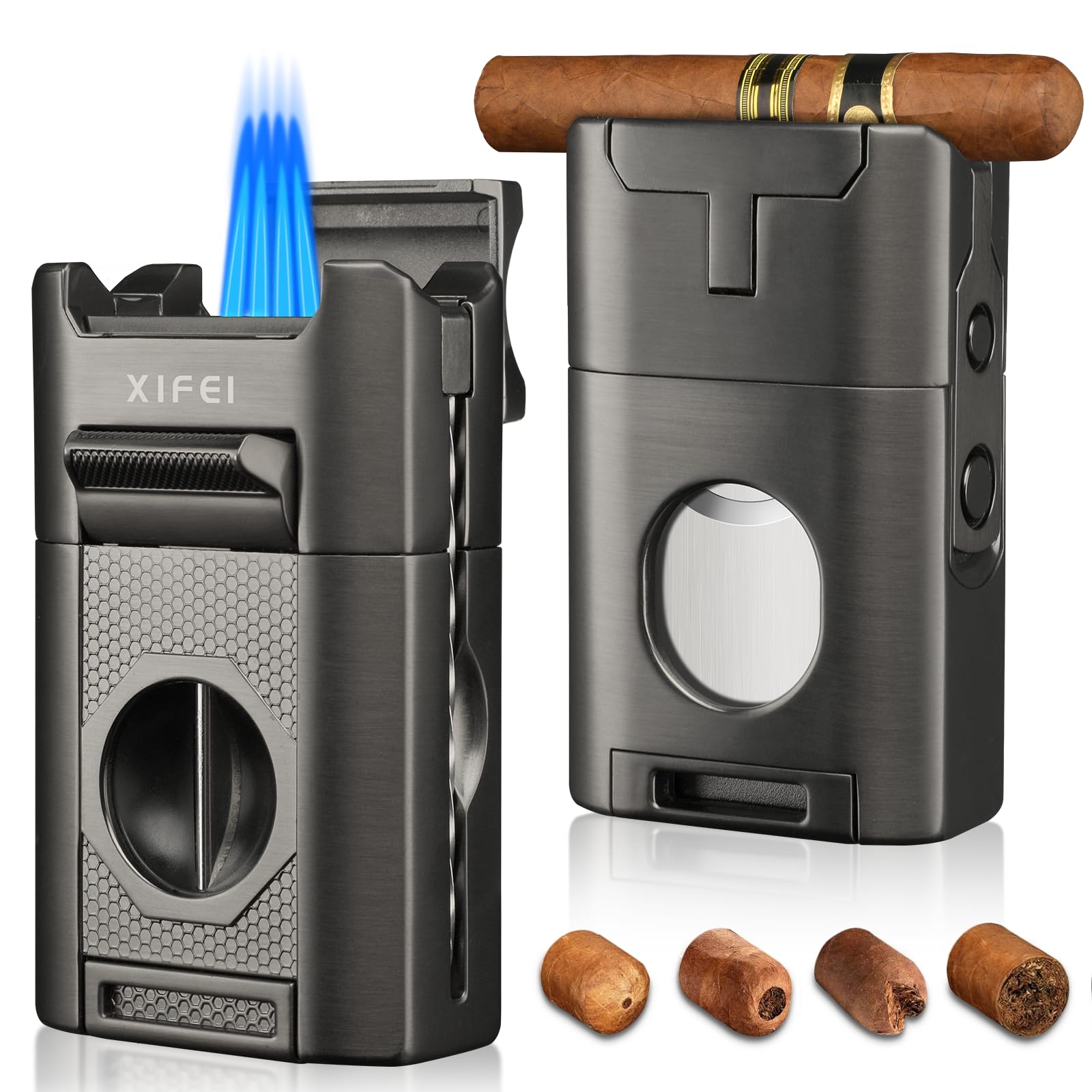 XIFEI 6-in-1 Cigar Lighter, Desktop Torch Lighter with Straight Cut V-Cut Cigar Cutter, Dual Cigar Punch, Cigar Draw Enhancer, Cigar Holder, 4 Jet Flame Refillable Butane Lighter Gift for Men (Gray)