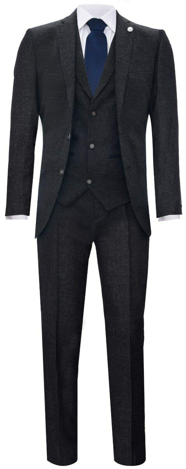 Truclothing Men's Black 3 Piece Herringbone Tweed Suit - 38" Jacket 32" Trousers