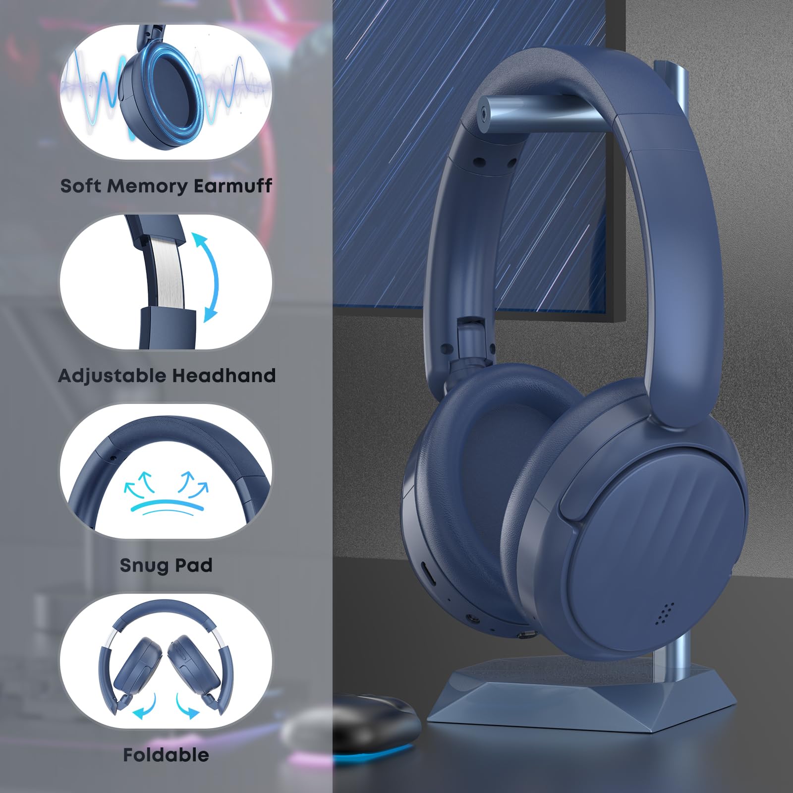 MMWOWARTS Bluetooth Headphones with Active Noise Cancelling (ANC), Wireless Over Ear Bluetooth Headsets with 35H Playtime, HiFi Stereo Foldable Headphones with Foam Ear Cups for Sports, Travel, Blue - 5