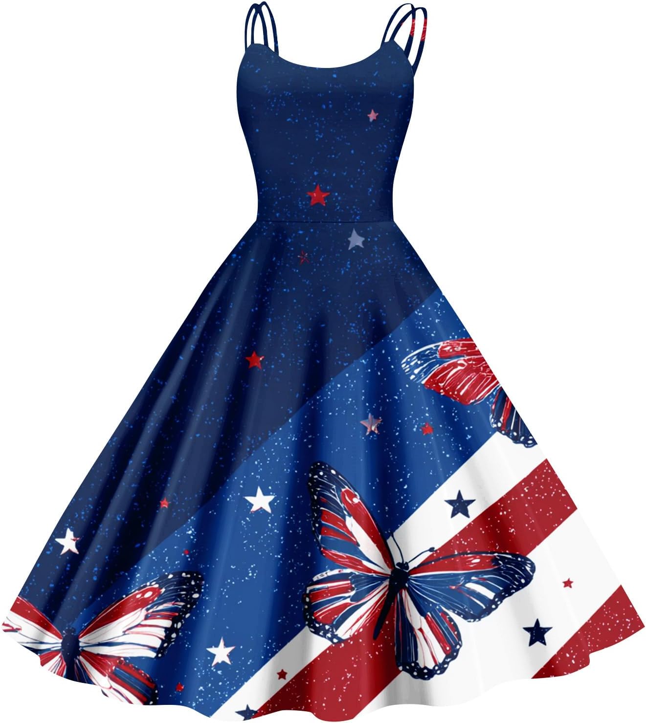 4Th of July Dress USA Flag Patriotic Sexy Cami Dresses Independence Day Swing A Line Spaghetti Strap Sundress, S-3XL