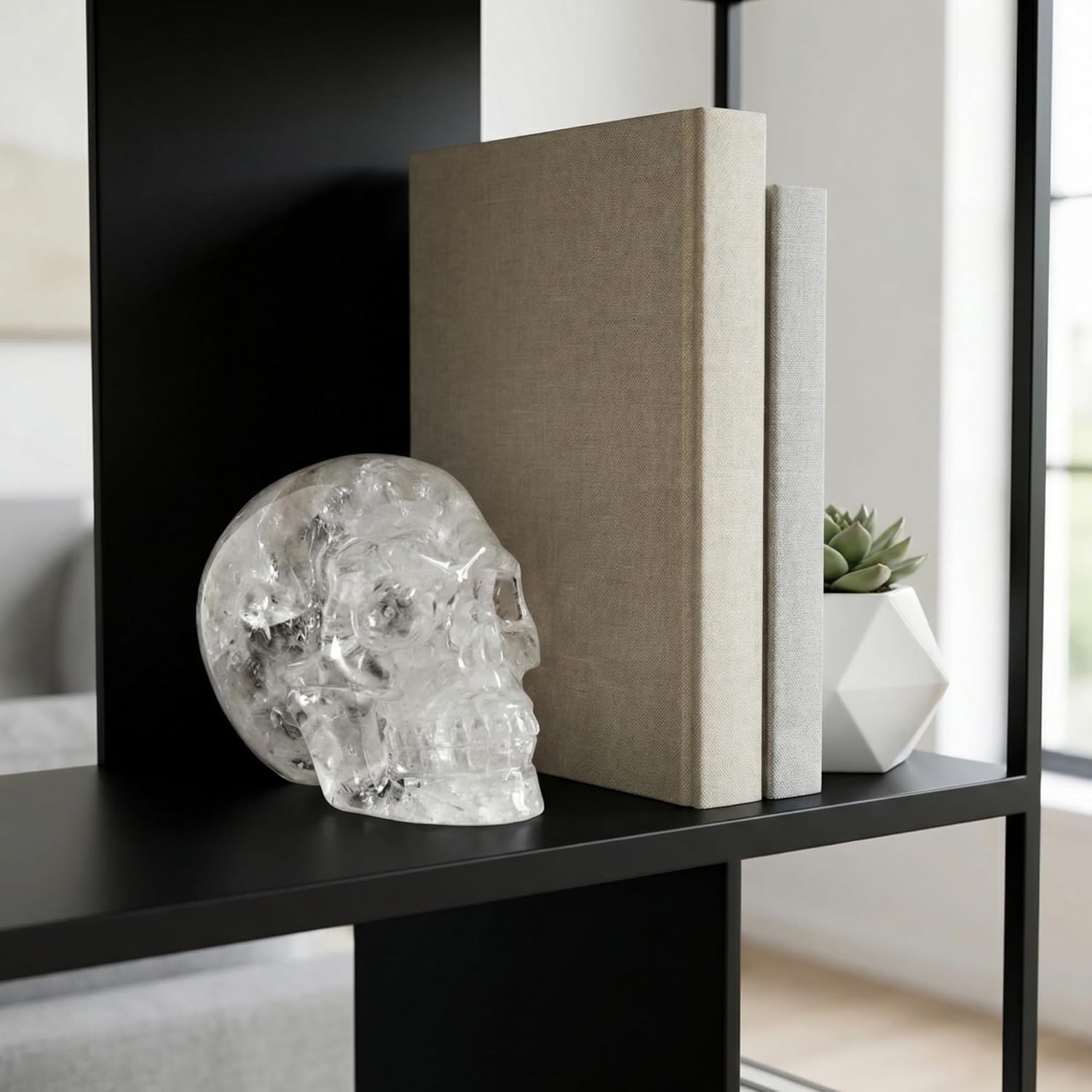 CrysalHola Large Natural Clear Quartz Crystal Carved Skull, 10-12cm Human Skull Statue, Spiritual Decor Home Office Decor, Detailed Hand Carved Gemstone