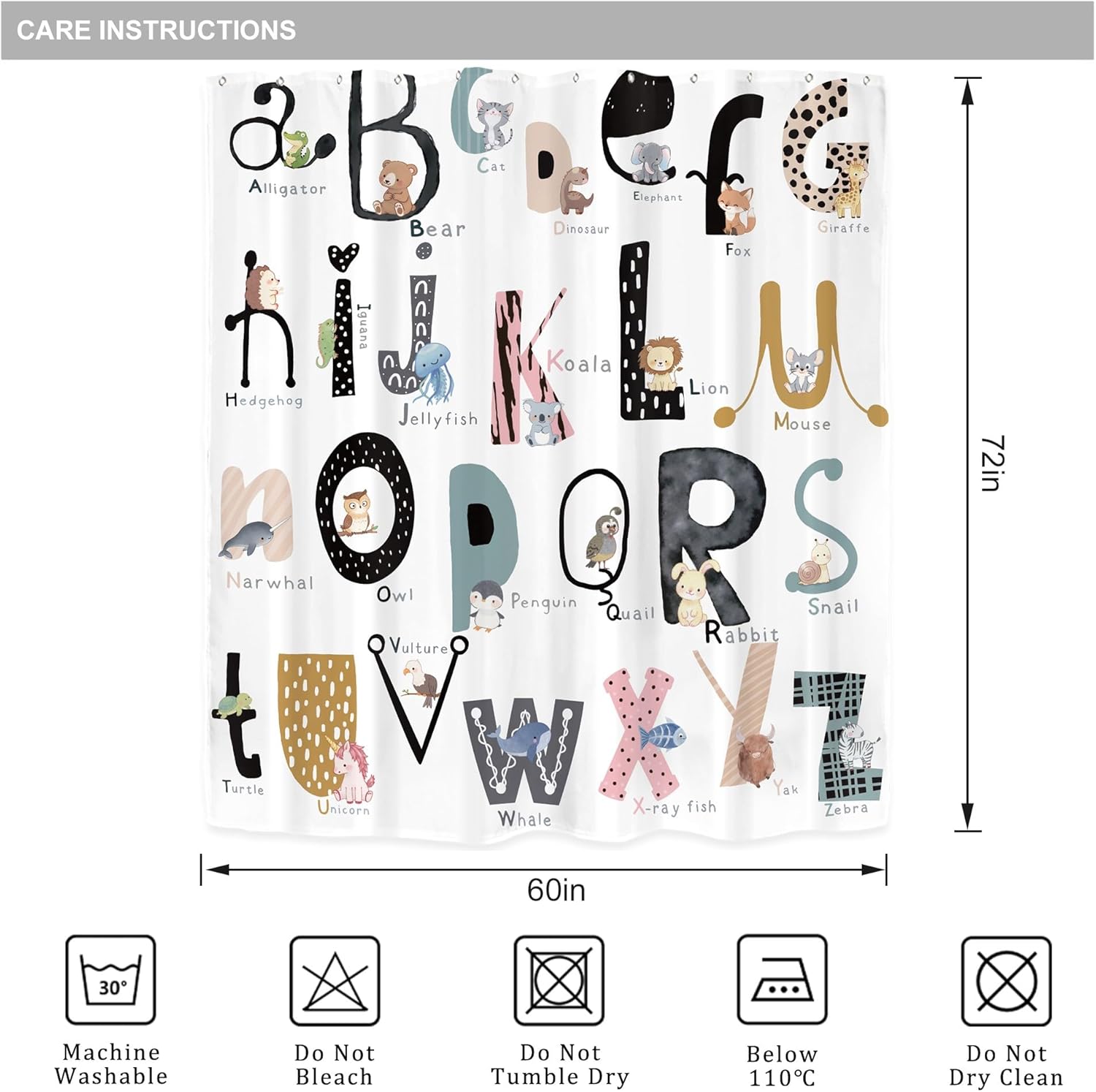 Riyidecor Kids ABC Learning Alphabet Shower Curtain for Bathroom Decor 60Wx72H Educational Study Boys Baby Children Funny Large A to Z Art Printed Fabric Polyester Waterproof 12 Pack Plastic Hooks