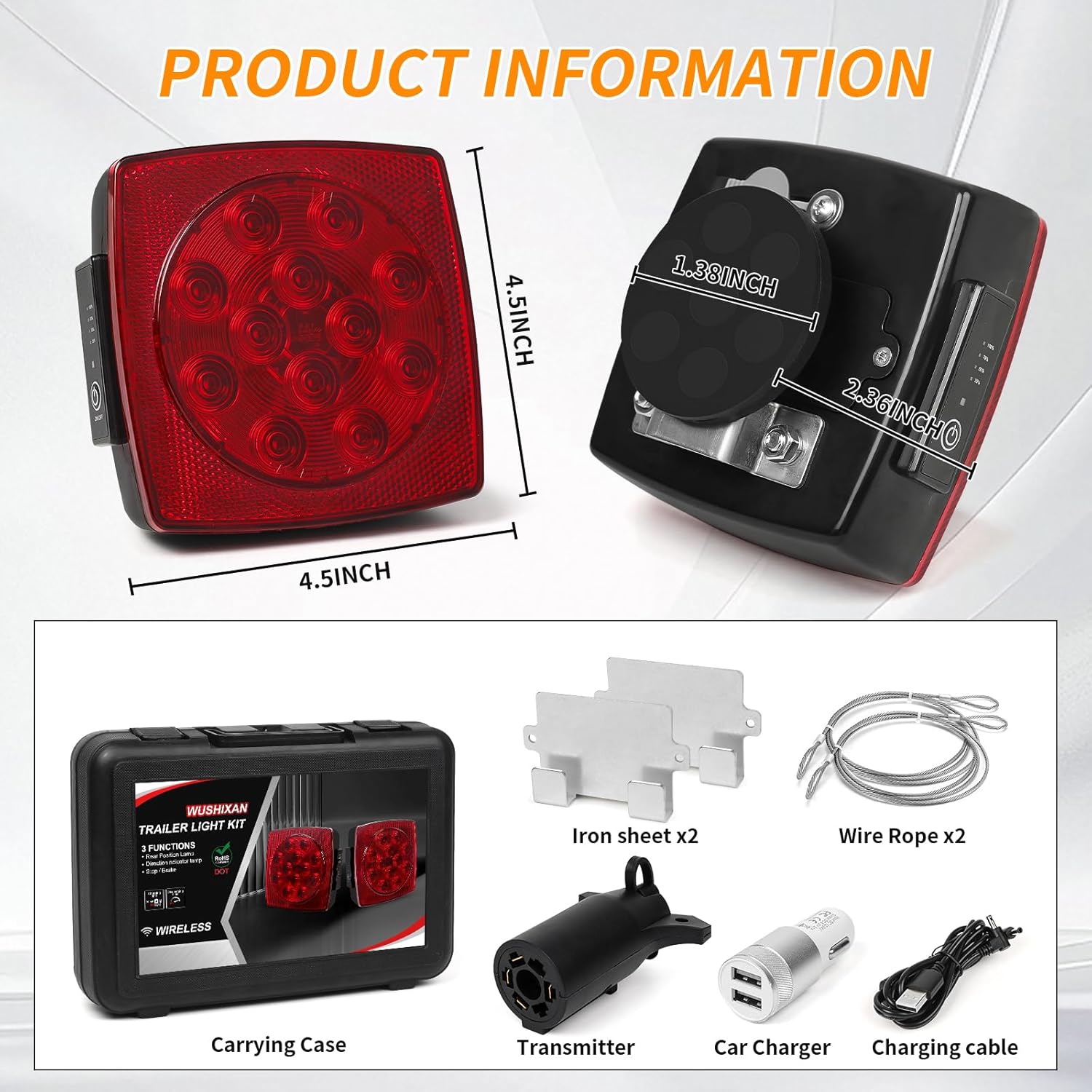 12V Submersible Square Led Wireless Trailer Light, Stop/Tail/Turn Light for 12V Utility Boat Camper RV Trucks Marine Snowmobile