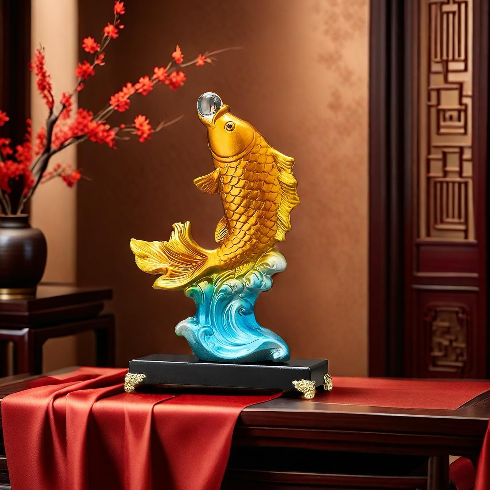 FUNSXBUG Große chinesische Feng Shui Fischstatue, Skulptur, Sammlerfigur, Feng Shui, Dekoration, Zuhause, Büro, Tischdekoration, Ornamente, Glücksgeschenke (Gold)